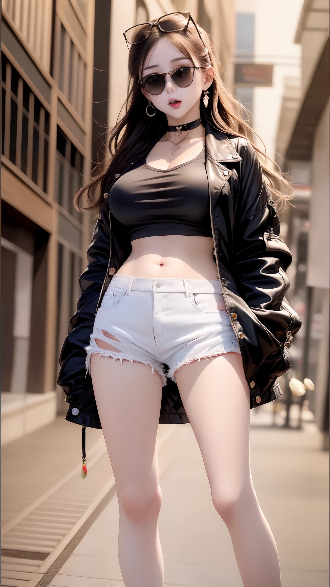 masterpaintings,need,Whole human body,Real photos,1girl huge large breasts,Look up with pride,Royal sister,clong legs,bangss,Black choker,Black trench coat,Short white crop top sleeves,denim hotpants,Downtown shop background,Put your hands in your pockets,Black sunglasses,Smoky makeup,Melon seed face,closed mouths,