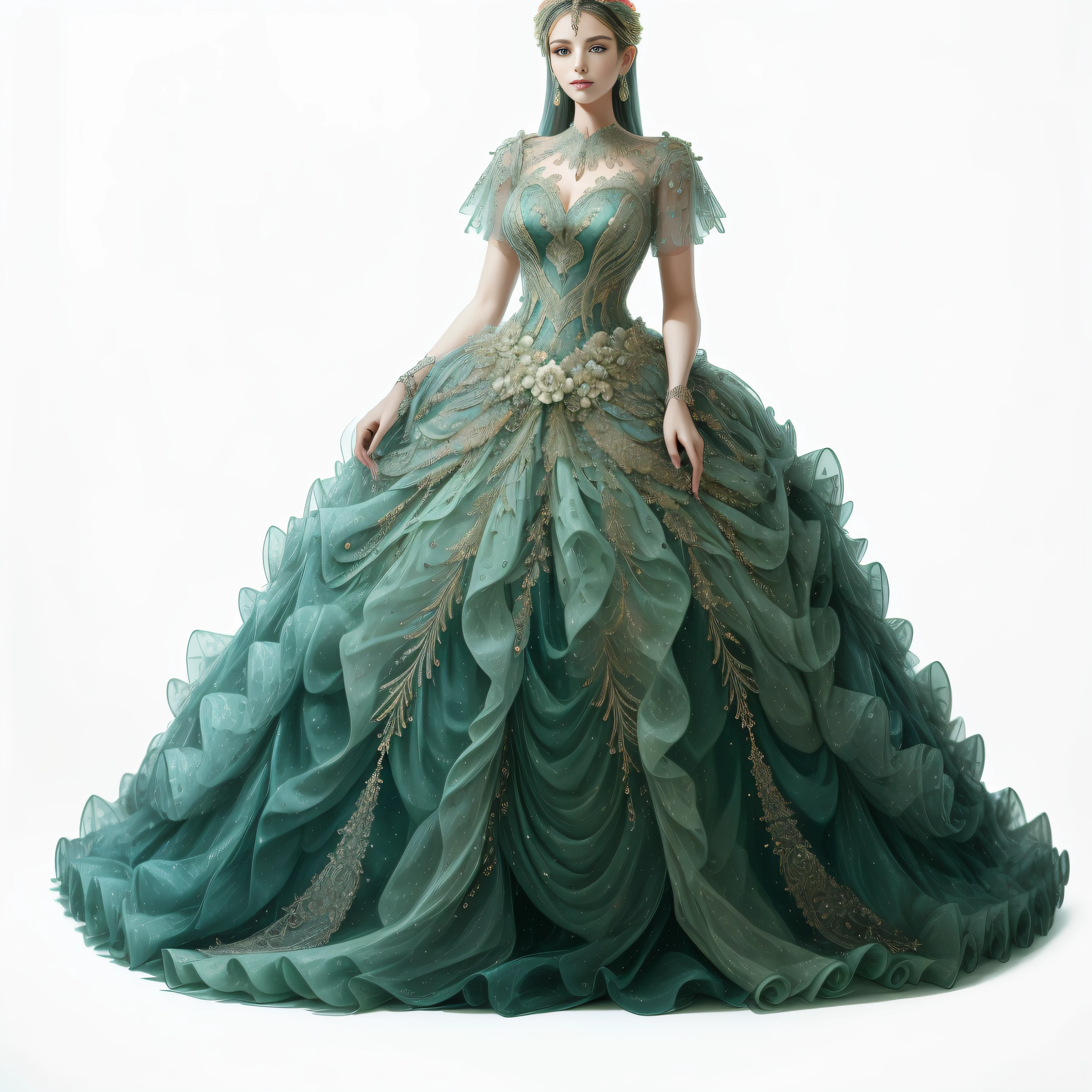 a goddess wearing a majestic sage green ball gown dress, big beautiful dress, intricate puffy ball gown with lots of ruffles and rhinestones (Masterpiece, Top Quality, Best Quality, Official Art, Beautiful and Aesthetic: 1.2), (1 Flower), Full Body, Extremely Detailed, (Fractal Art: 1.3), Colorful, Most Detailed