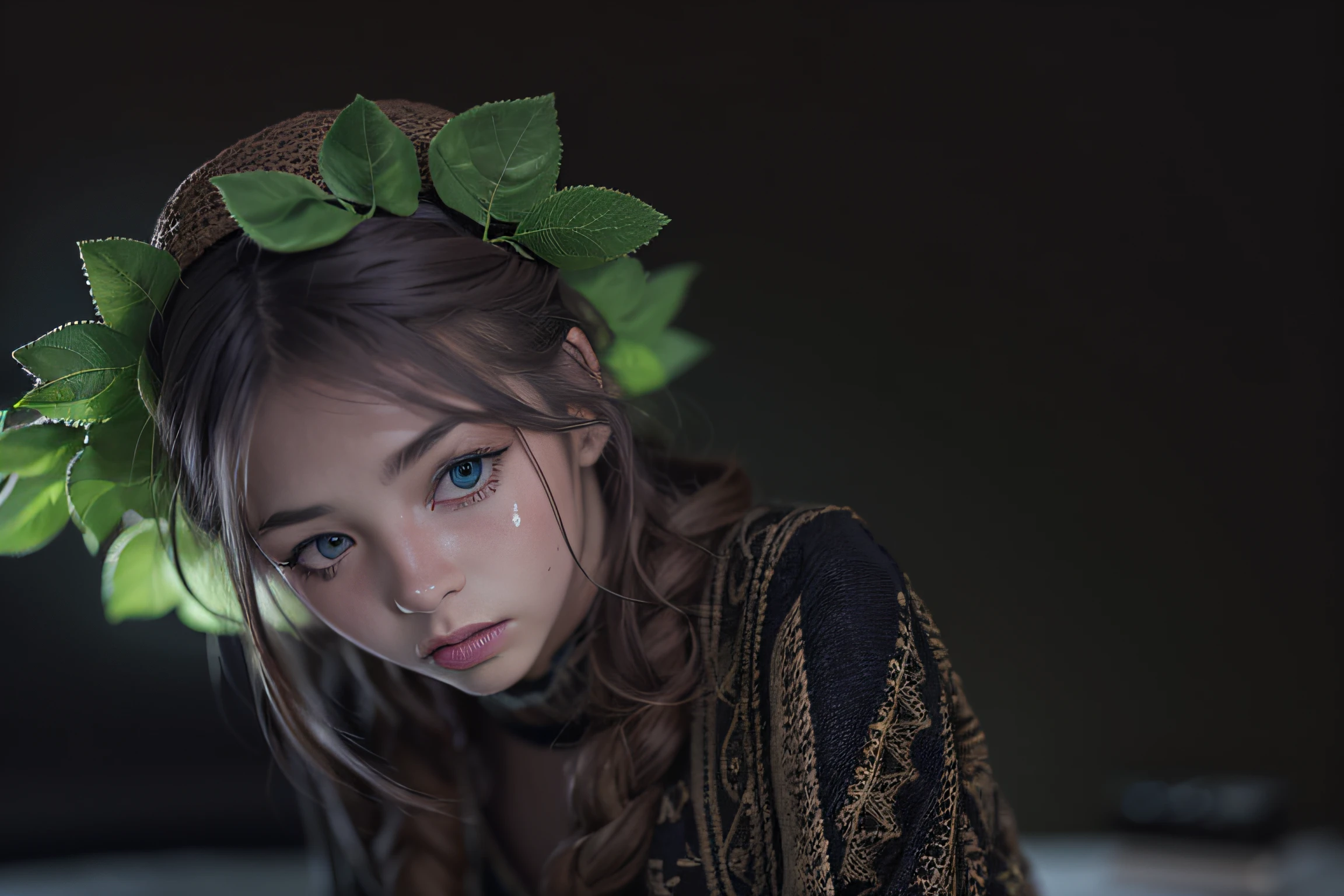 a young girl, a sorceress in a hat, make-up with plants on her face, , soft film light