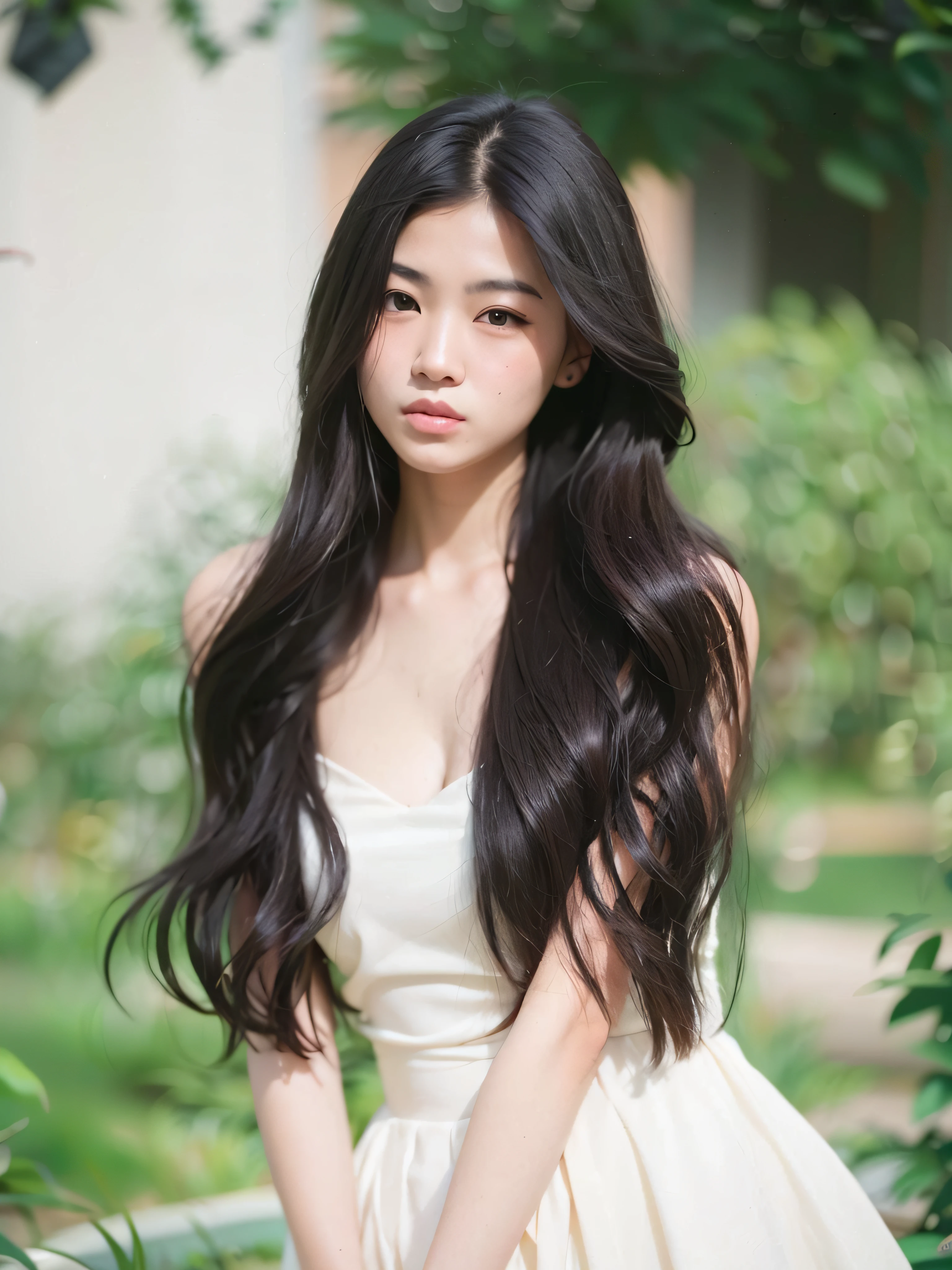 a close up of a woman with long hair wearing a white dress, black long wavy hair, wavy long black hair, Long wavy black hair, Asian girl with long hair, Black long hair, Black wavy hair, vibrant dark wavy hair, Long flowing black hair, long thin black hair, long flowing dark hair, extra-dark natural black hair, Flowing black hair