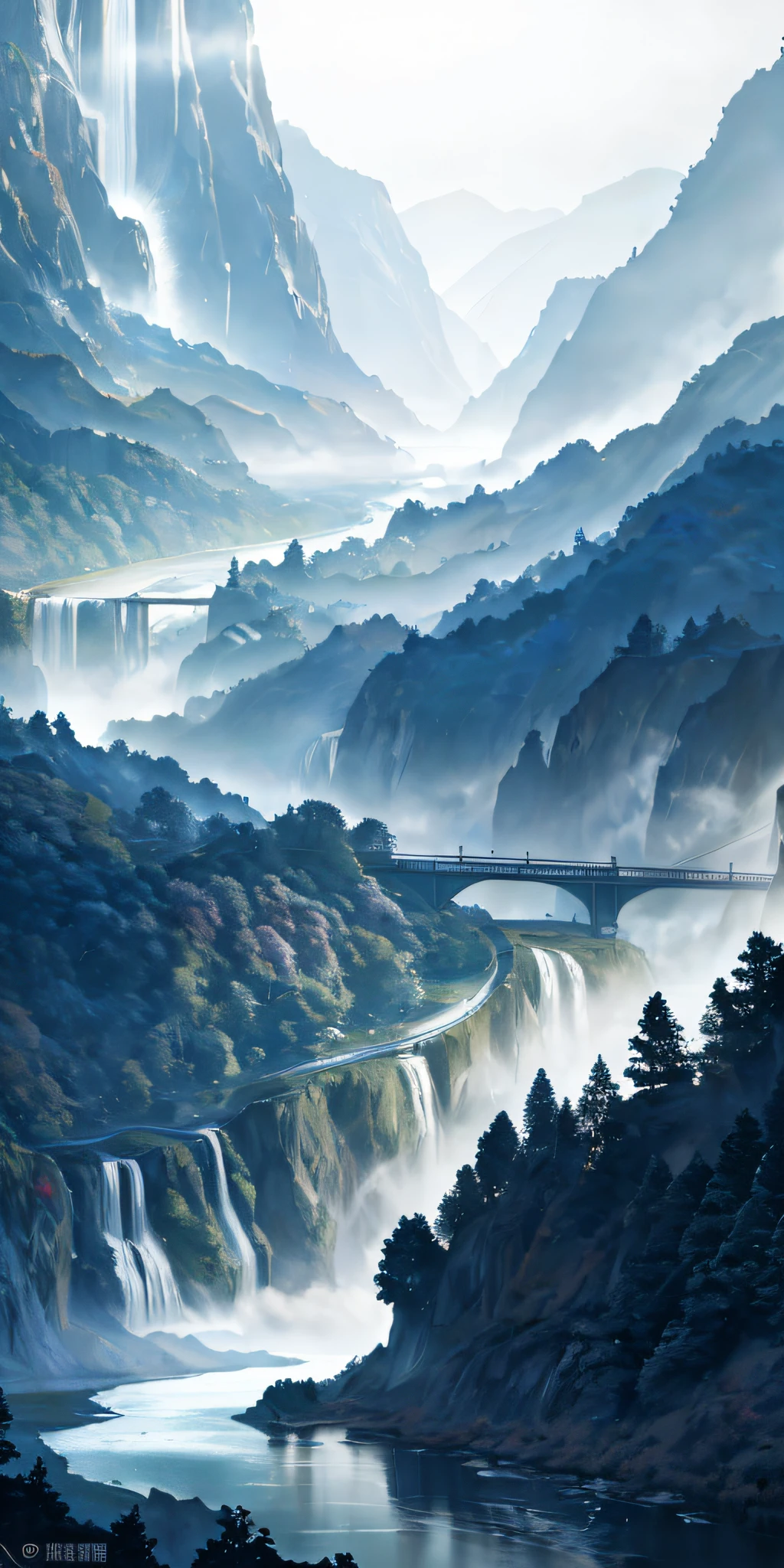 analog style，（非常A detailed的 CG 统一 8k 壁纸），Majestic river，Magnificent forest on both sides，Big waterfall，dense fog，award winning photography，color difference，A detailed，HDR，Trends on ArtStation，Popular trends on CGSociety，Chinese antiquity、spring time、jungles、lakes、cave、falls，The tree、grass field、Rochas、fawn、hotsprings、hydrosphere、（illustration：1.0）、Epic composition、Realistic lighting、high definition detail、masterpaintings、Best quality，（非常A detailed的 CG 统一 8k 壁纸）