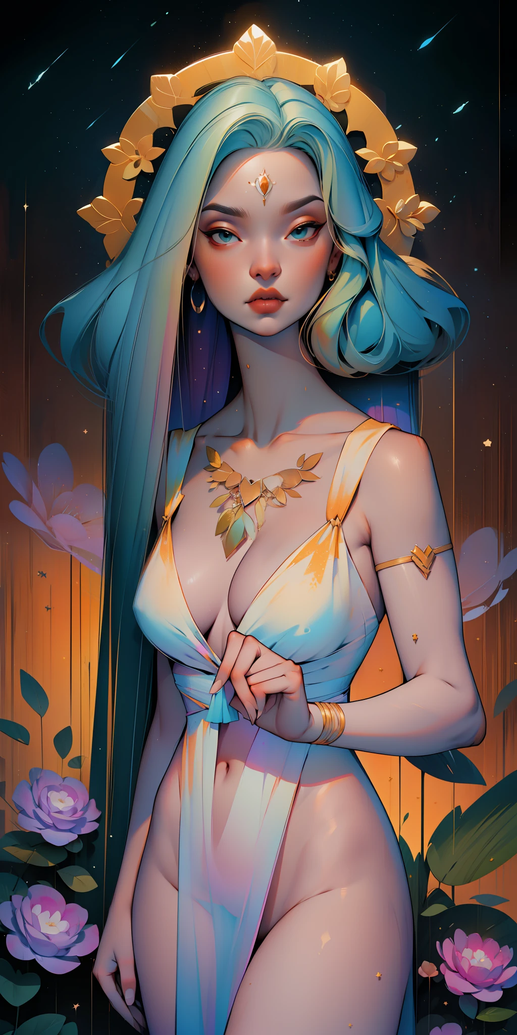 ,professional,abstract beauty,approaching perfection,Dynamic,Highly detailed,digitally painted,Artstation,Concept art,Smooth,sharp-focus,an illustration,Artists: by Carne Griffiths, Wadim Kashin,leonid afremov,kandinsky,Psychedelic,watercolour,crystals foil,stylish,fantastic,a gold,colorful neon, s face, waist-high, portrait of a, up close, near, queen, a goddess, A glorious sunrise, Royal, Divine, perfection, grace, Exquisitely, naked body, aura, glow, multi-colored bright aurora borealis, spectrum, rainbow,Colored feathers, pearls, In a chic, lavender white mint light pink blue hair, pastel, mixed-language_SMS, (beautiful and clear background:1.2),, fantastic paintings , olhos altamente detalhados, crystals, outer space, galaxy, Gorgeous hair, Background Flora Peony, poppy, hydrangea, Plants. Loving. Love. ultra detail hair, Best Quality, high qulity, high resolucion, detail enhancement, ((most beautiful image in the world)), Masterpiece, Best Quality, High Quality Detail Enhancement, ((most beautiful image ), Shiny hair, Ultra chic lace panties, Topless, naked body, curvy chic body, Stampa Flores, art by stjepan sejic, art by j scott campbell, art by guillem march, art by citemer liu, 4k, high resolucion, comic book character, comic, high quality detailed, style of ::2.0 comix illustration style,tatoon style, high qulity, high resolucion, detail enhancement, 8K, HD, Best Quality, high qulity, high resolucion, detail enhancement, 8K, HDR, sharp-focus, Ultra Detailed, perfect lighting, Curvy Body, Lush big breasts, Curvy big hips, sparks, Stars, The Cycle of the Stars