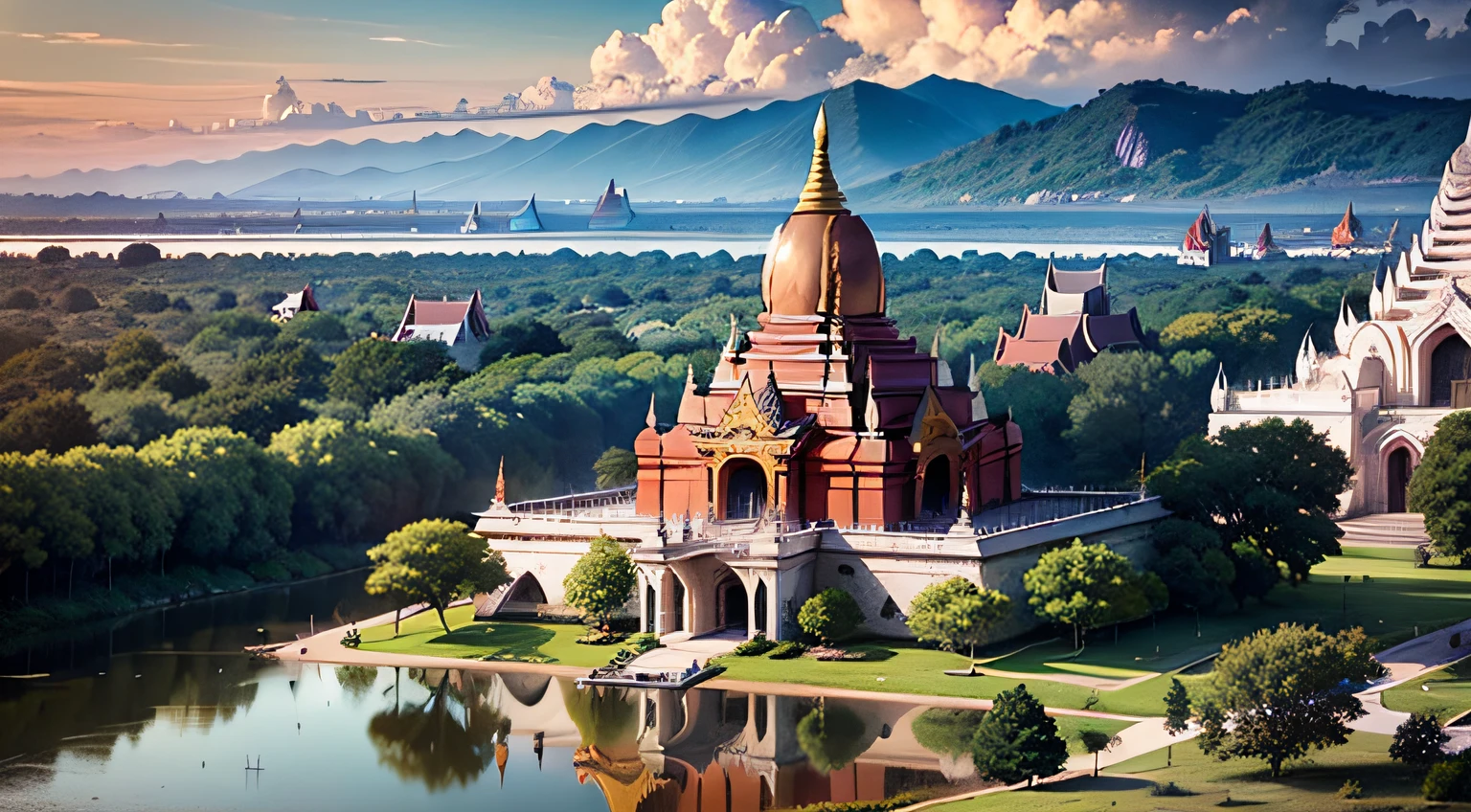 In a picturesque village surrounded by vibrant pagodas, majestic trees, and a serene river, an enchanting scene unfolds. The air is filled with the joyful laughter of children playing in the quaint streets, their innocent spirits intermingling with the timeless beauty of Myanmar's Bagan.Standing tall and emanating a regal aura is the Queen, positioned atop a pagoda, gazing out towards the flowing river as the sun begins its descent. As the sky transforms into a breathtaking masterpiece, hues of blue and orange weave together, casting a mesmerizing glow over the entire landscape.A gentle breeze dances through the Queen's long brown hair, causing it to sway gracefully in tandem with nature. Adorned in a resplendent red cloak, she radiates elegance and power, a true embodiment of her noble status. Resting upon her head rests a golden crown, symbolizing her rightful place as the ruler of this magnificent realm.Amidst this captivating panorama, nature's inhabitants also partake in the tranquility. In the distance, elephants and horses roam freely, their majestic presence further enhancing the grandeur of the scene. They graze upon the lush, green grass, forming a harmonious connection with the land.The pagodas themselves stand as proud guardians of Myanmar's rich history and culture. Elaborate carvings and intricate decorations adorn their surfaces, showcasing the artistic skill and craftsmanship of generations past. These architectural wonders serve as a testament to the legacy left behind by those who revered this land and its traditions.As the sun's final rays cast a warm, golden glow, the Queen breathes in the stillness of this idyllic moment. Surrounded by the beauty of nature and the rich heritage of her people, she feels a profound sense of belonging. In this extraordinary setting, she stands as both a guardian and custodian of the timeless splendor that is Myanmar's Bagan.