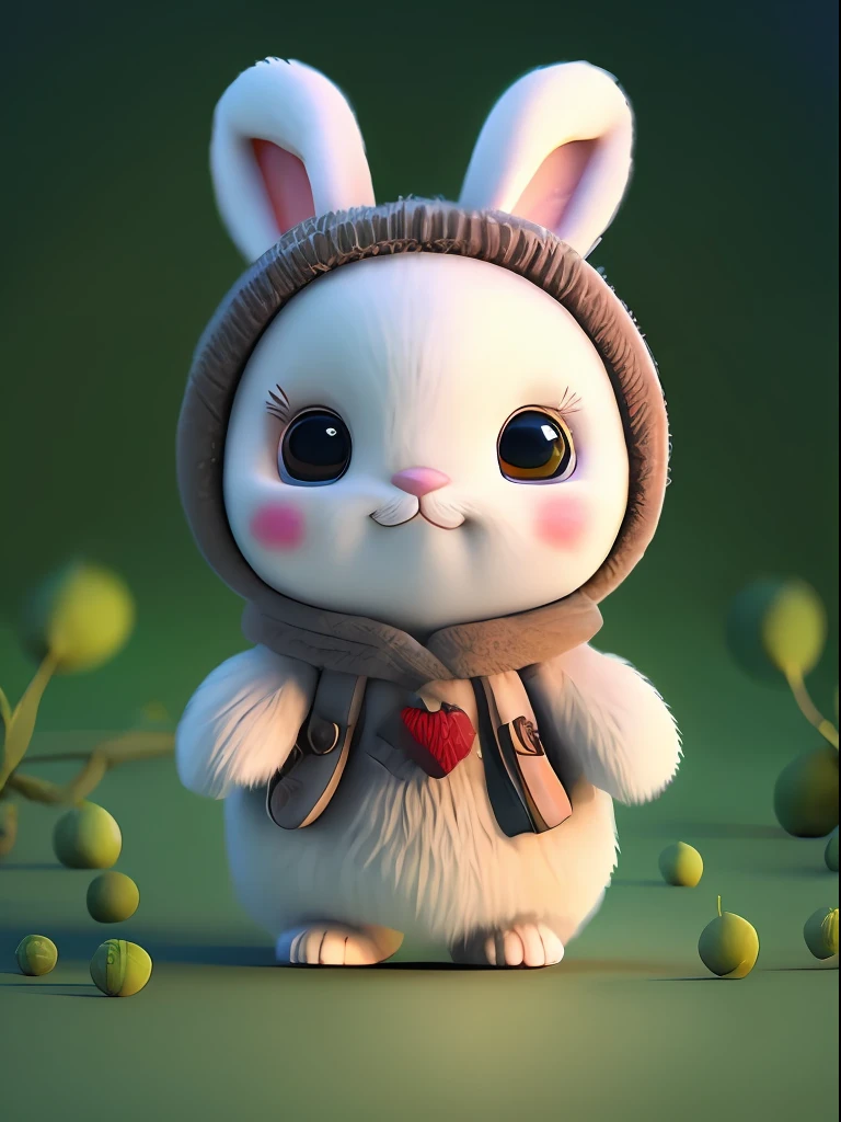 : 3. bunny, realistic, furry animal, apple, black eye, blush, cherry, food, fruit, full body, hat, non-human, strawberry, tomato, watermelon