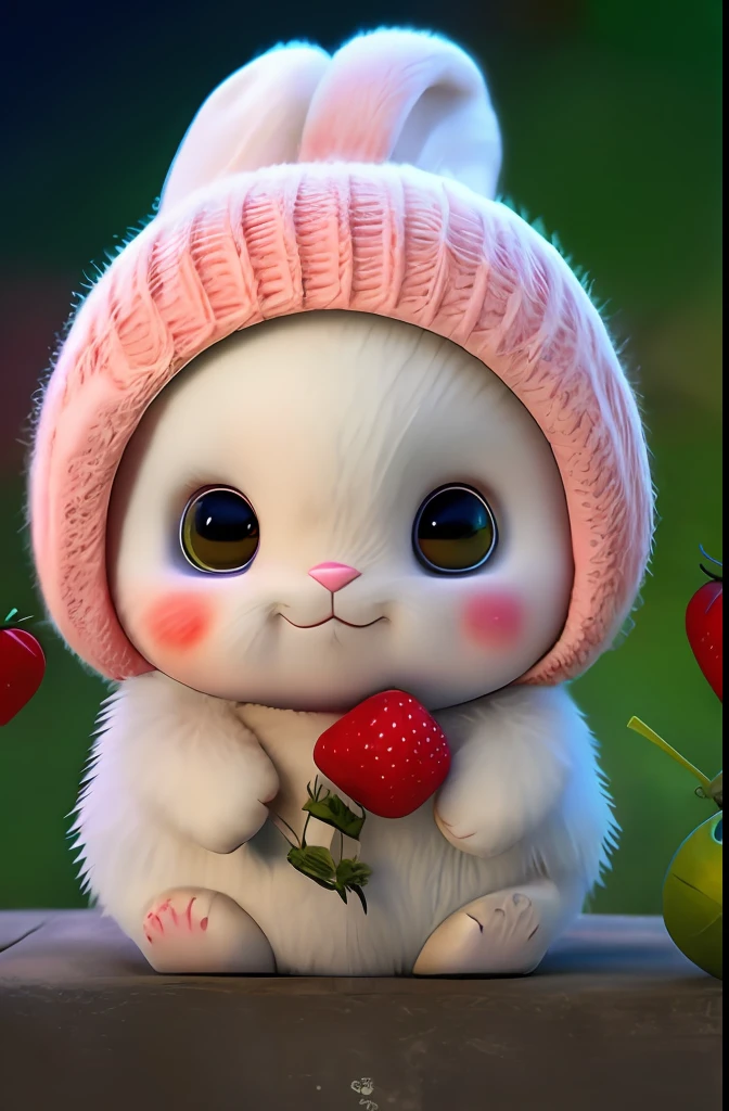 : 3. bunny, realistic, furry animal, apple, black eye, blush, cherry, food, fruit, full body, hat, non-human, strawberry, tomato, watermelon