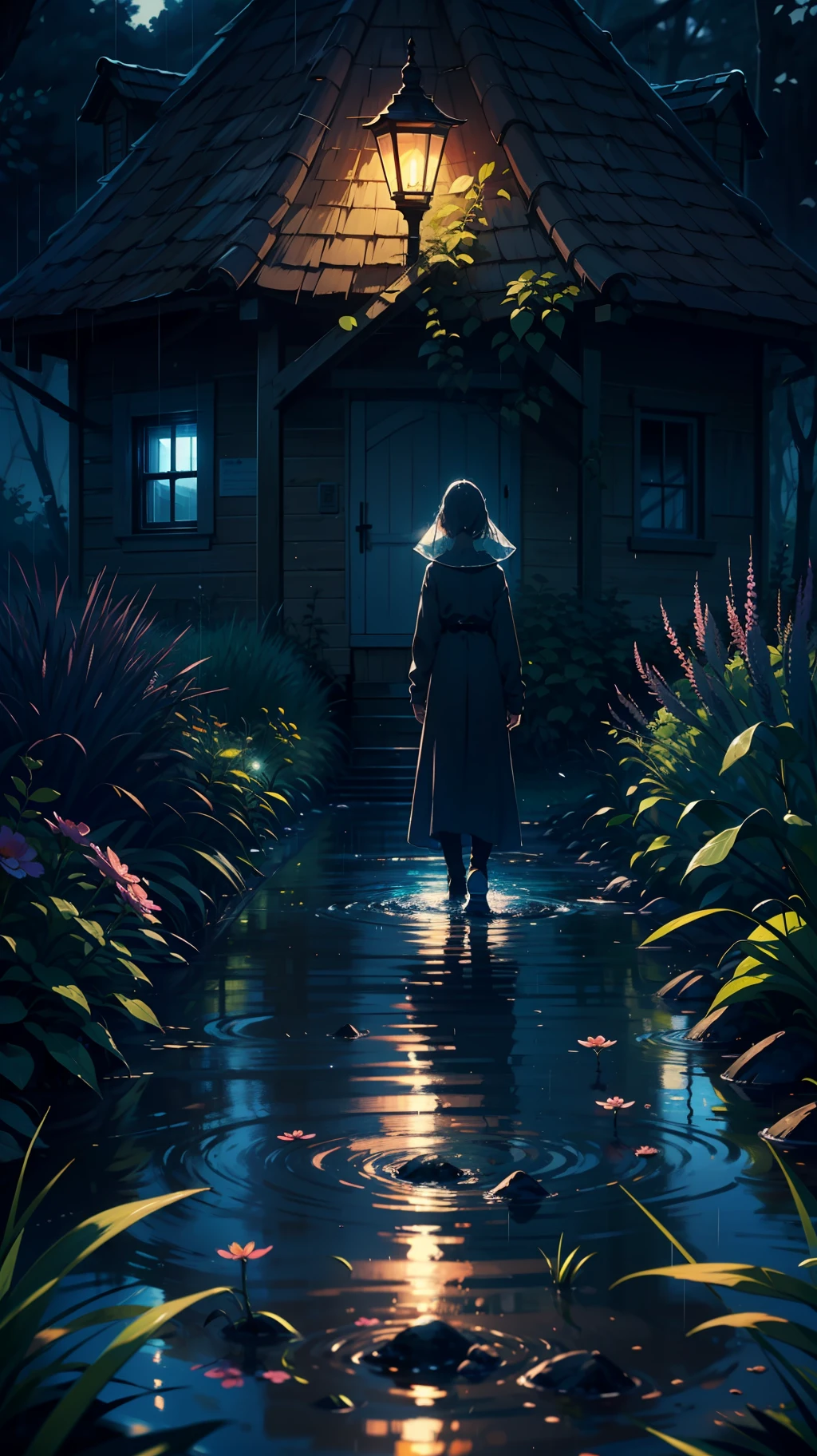 Best quality，16K Ultra Clear，yard，Rainy sky，water well，bucket，Pond in the yard，Many trees，Many small grasses bloom with small flowers，water puddle，sludgy，green leaf，Bluestone bricks，Small grass grows between the seams，insects，Back Shadow，wooden cabin，lamplight，Giant Breast Girl，Tuuli，Water，thin fog，misterious，extremy detailed，Ultra-detailded，painting of a，light and darkcontrast，Perfectcomposition，