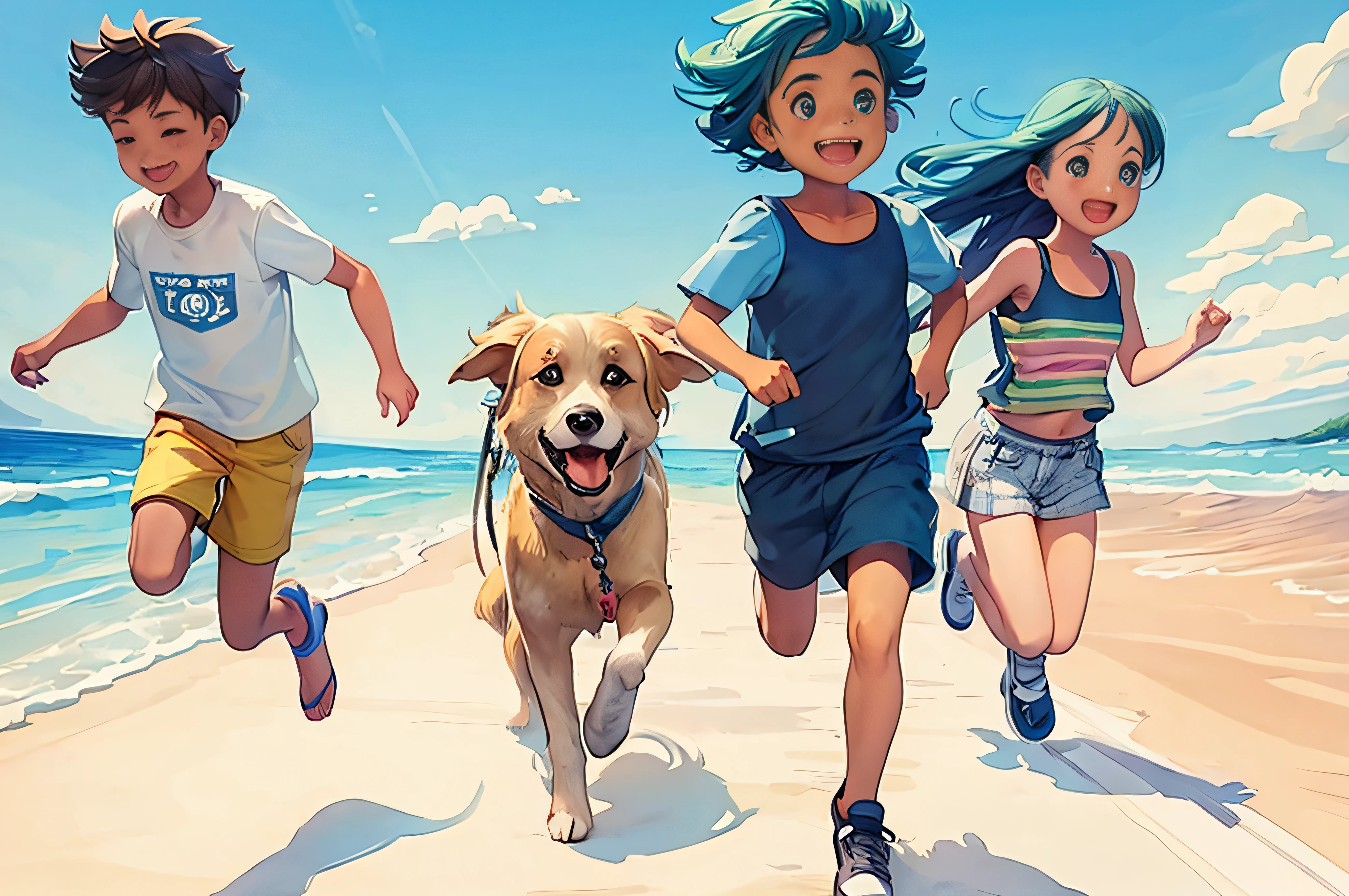 there are three children and a dog running on the beach, kids book illustration, kids playing at the beach, kids book illustration, kids playing at the beach, childrens illustration, kids book illustration, kids book illustration, dibujos animados infantiles, colorful kids book illustration, stylized digital illustration, Correr libremente, illustration for children, kids book illustration, kids book illustration