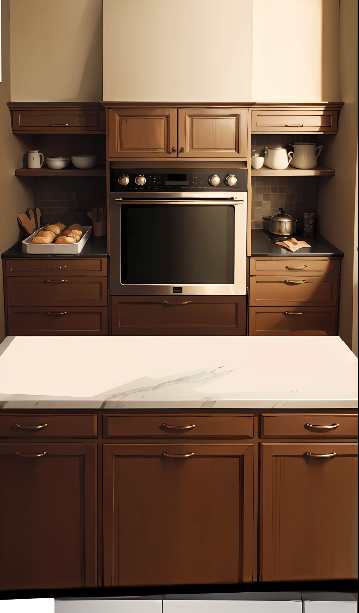 The kitchen with wooden cabinets is equipped with an oven。, kitchen counter, artistic pose, marble countertops, old kitchen backdrop angled view, scenic full shot, glossy surface, polished white marble, exquisite marble details, rectangle white porcelain table, a wide full shot, natural wood top, 3/4 view, 3 / 4 view, detailed wide shot, sleek streamlined design, an award winning masterpiece, exquisitedetails, Soft natural light, Bottom angle, close establishing shot, unbeatable quality, hyperrealistic”, ultra realistic”, detailed wide shot, exquisite fine details, Incredible quality, immaculately detailed, true realistic image, professional unique masterpiece, subtle detailing,