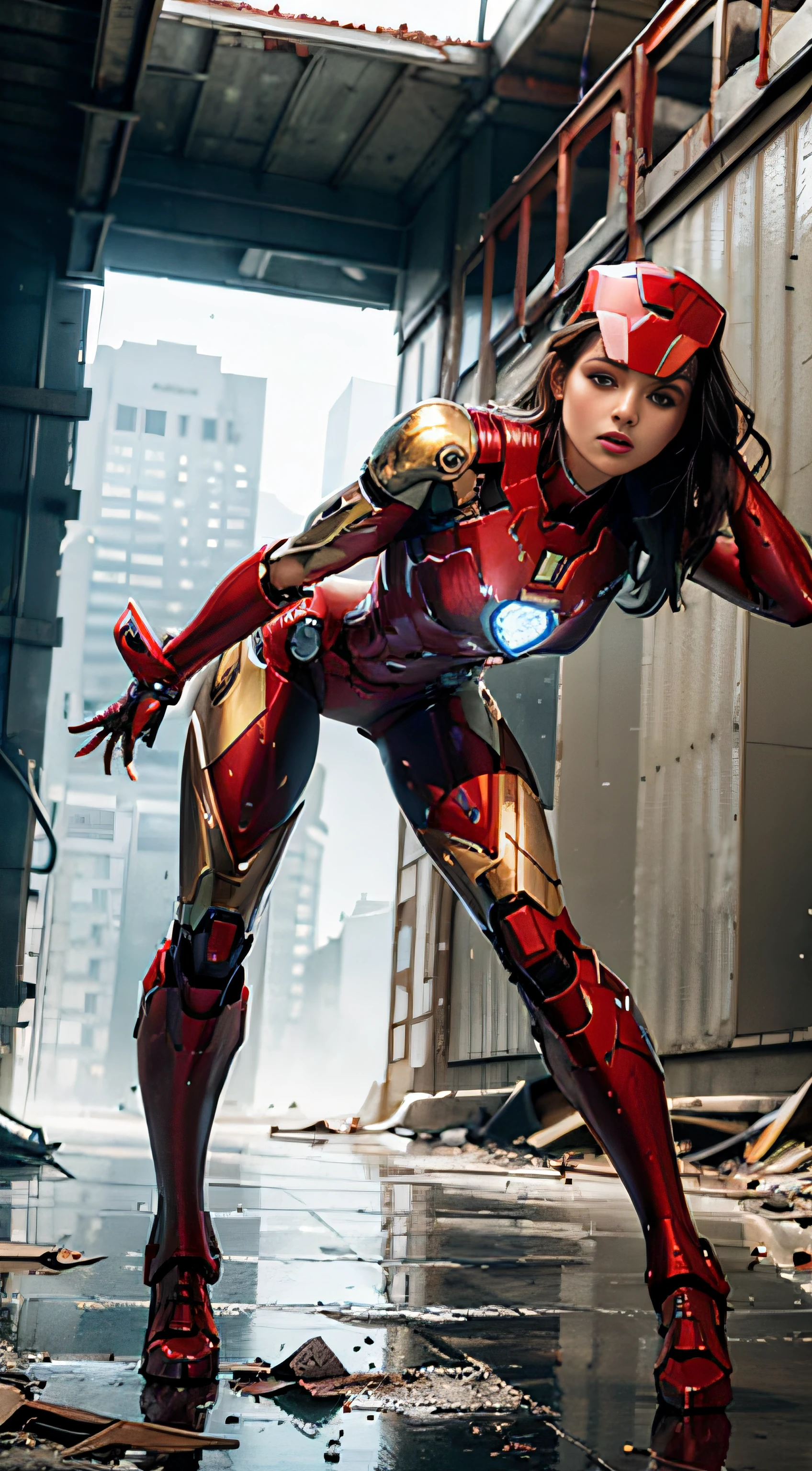 RAW, Masterpiece, Ultra Fine Photo,, Best Quality, Ultra High Resolution, Photorealistic, Sunlight, Full Body Portrait, Stunningly Beautiful,, Dynamic Poses, Delicate Face, Vibrant Eyes, (Side View) , she is wearing a futuristic Iron Man mech, red and gold color scheme, highly detailed abandoned warehouse background, detailed face, detailed and complex busy background, messy, gorgeous, milky white, high detailed skin, realistic skin details, visible pores , sharp focus, volumetric fog, 8k uhd, dslr camera, high quality, film grain, fair skin, photorealism, lomography, sprawling metropolis in futuristic dystopia, view from below, translucent