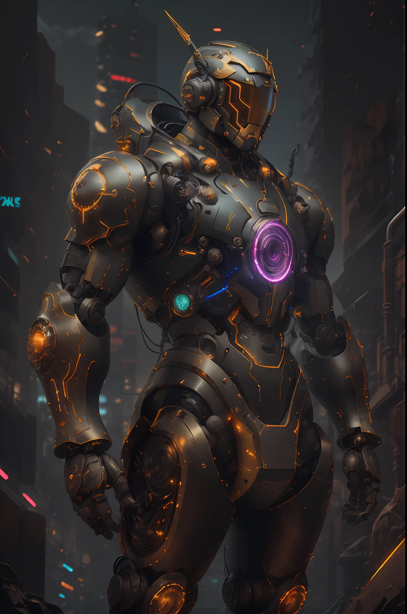 a close up of a mshn robot , futobot, cyborg , wearing cyberhelmet glowing circle , battle armor, mshn factory, tubes connected to neck, neon light
photorealistic, masterpiece, best quality, 35mm film, film grains, cyberpunk,EbonyGoldAI