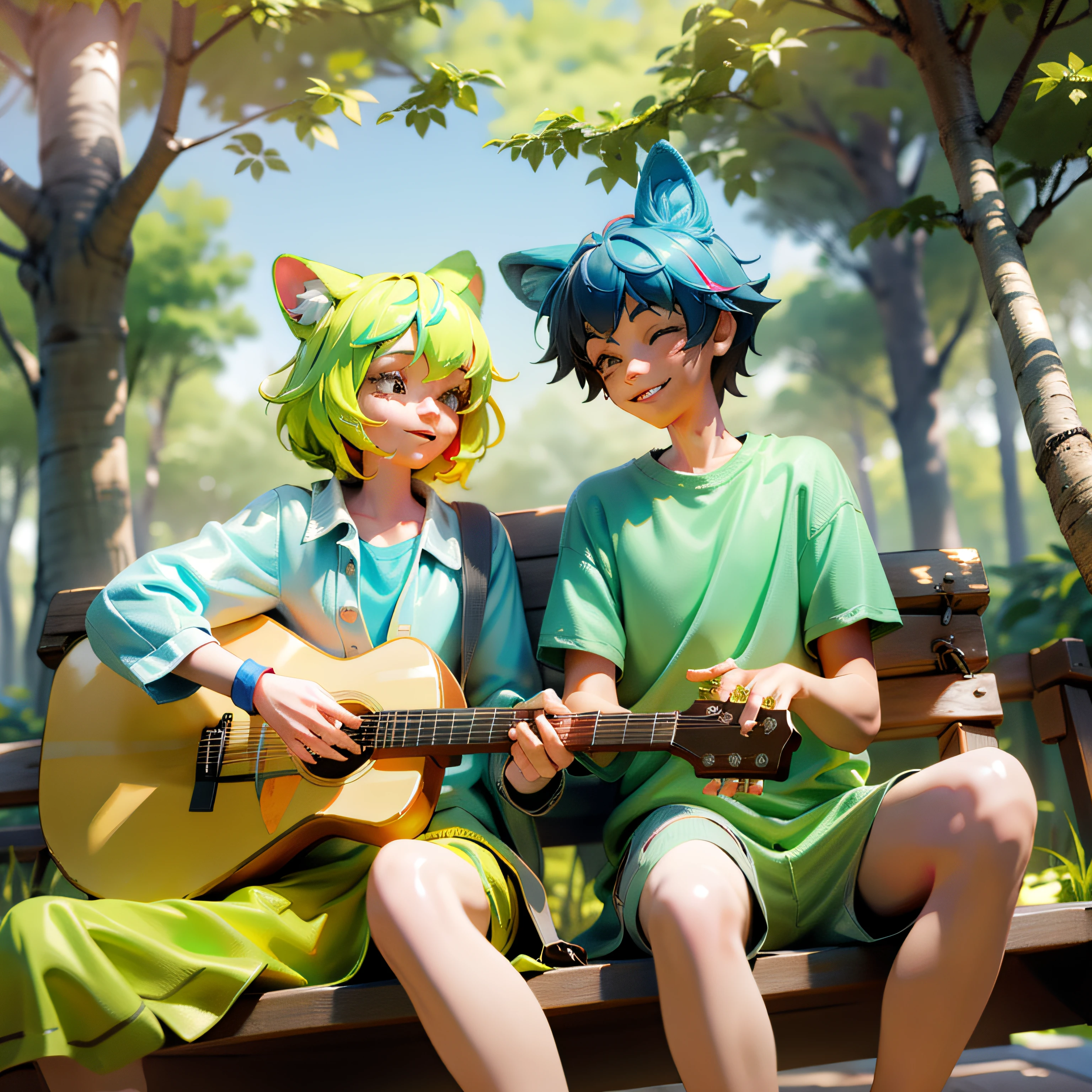 a boy are sitting on a park bench. 1boy is playing the guitar. smile, happy, in trees, forests and sunshine. sunshine, the mottled shadows, the blue sky and white clouds.Watercolor style, bright colors, sunny.green high saturation dappled sunlight, (Colorful) animal ears,, masterpiece, best quality, --auto