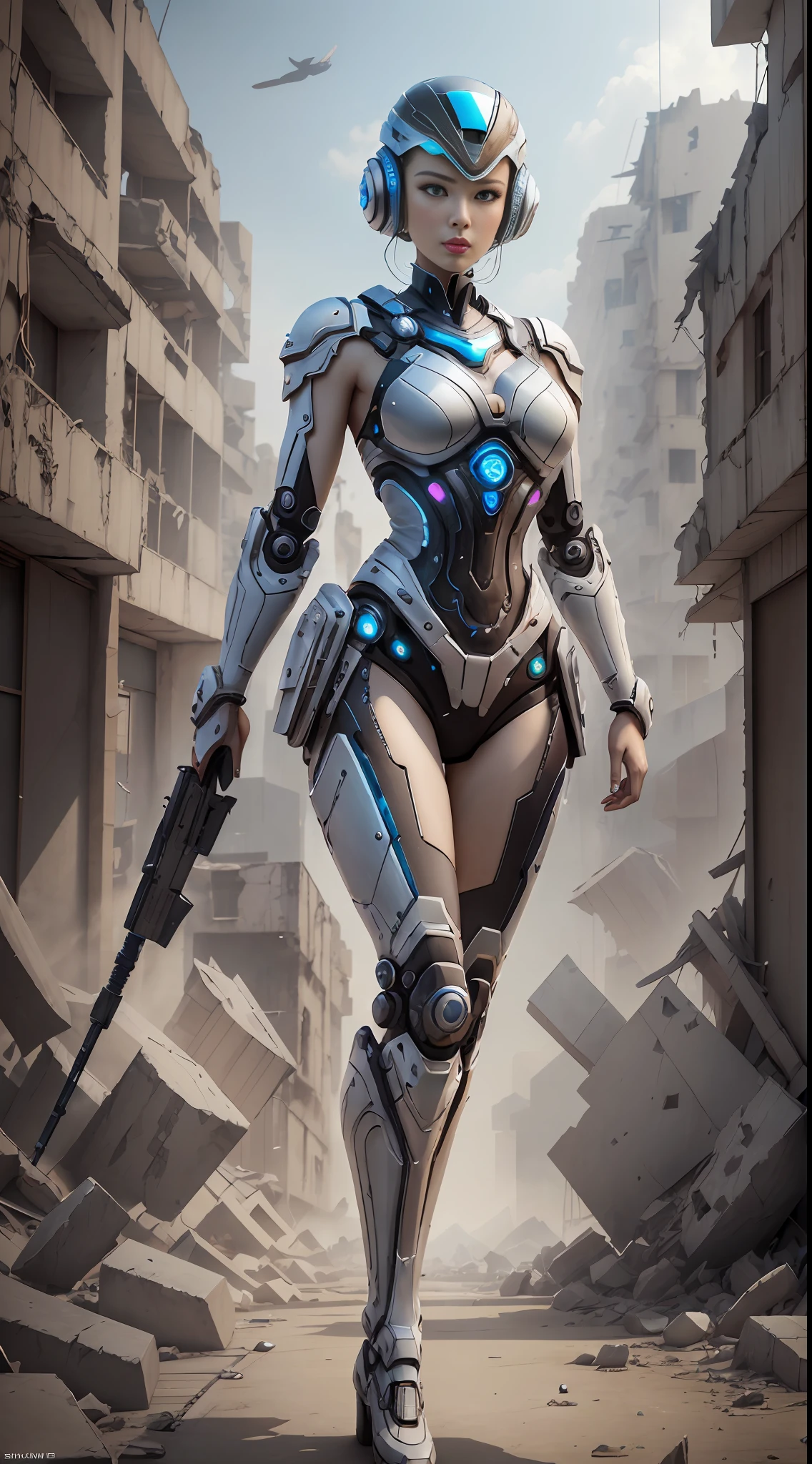 (((White tech outfit, Futurist Japan))) (mouth:1.16) Balanced eyes, (Best quality details:1.2),Realistic,8K high definition,Ultra-detailded,High quality texture,Intricate details,Detailed texture,finely detailed,High detail, High quality texture CG,Highqualityshadow,Delicate beautiful and delicate face,Delicate beautiful and delicate eyes,depth of view,raytrace,((最佳质量)), ((masterpaintings)), (Heavily detailed:1.3), 3D,Beautiful cyberpunk woman in the ruins of a city of forgotten wars,Robotic arm,mechanical leg,Electromagnetic guns, Ancient technology,High-tech tactical helmet。