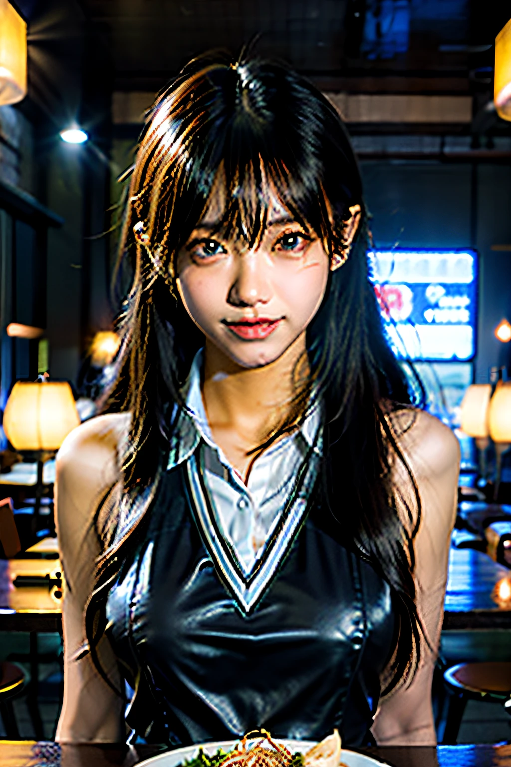 (masterpiece), best quality, ultra high res, close up, slim body, 1girl,school uniform, long hair, laughing, ramen, night, Tokyo restaurant background, colorful lights, photon mapping, radiosity, physically-based rendering, cinematic lighting, intricate, High Detail, Sharp focus, dramatic, photorealistic