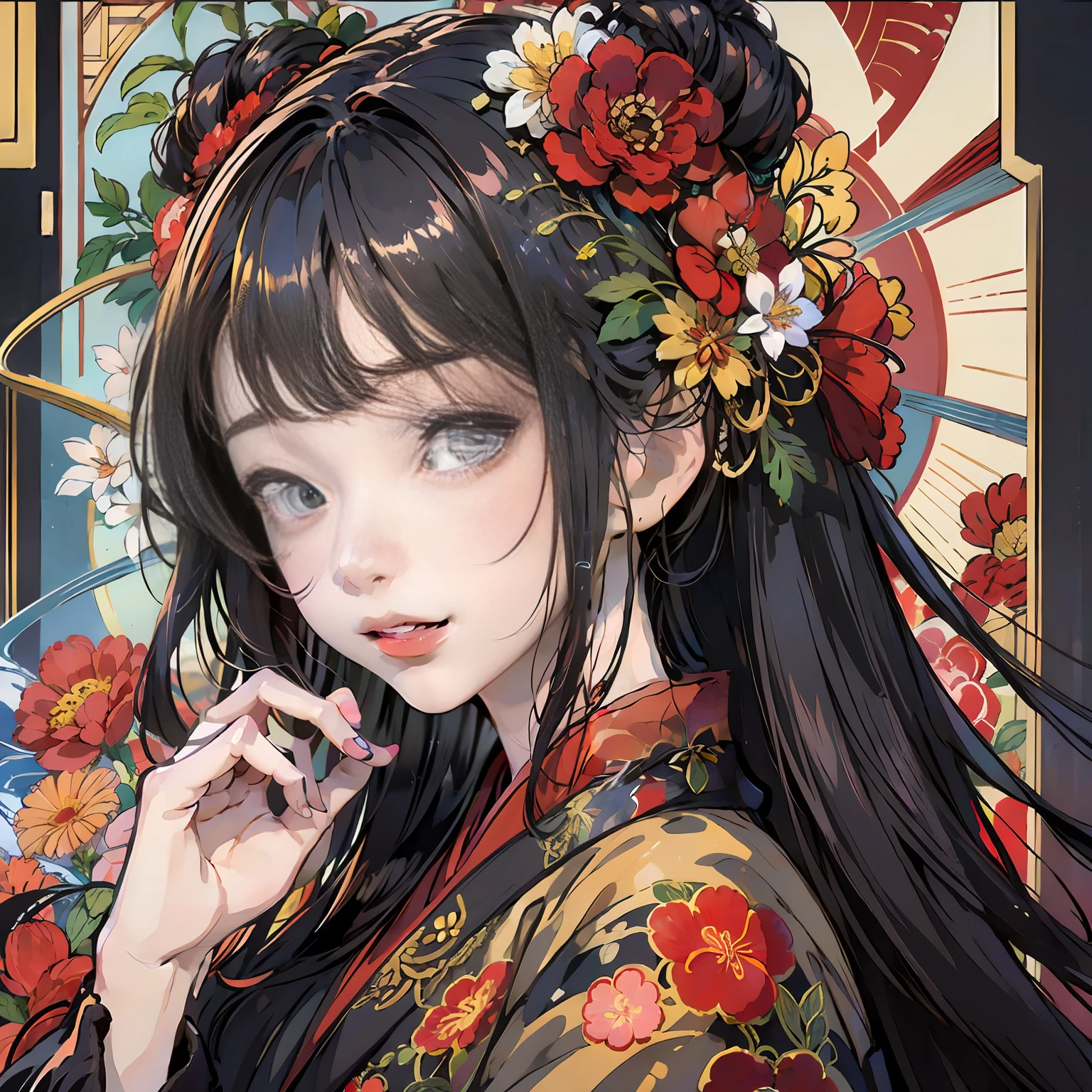 Masterpiece, Superb Creation, Absurdity, Originality, Extreme Refinement, Beautiful and Detailed Eyes and Face, 1girl, black_hair, Flower, japanese_clothes, looking_at_viewer, Mole, red_flower, Solo, (Masterpiece: 1.4), (Best Quality: 1.4) --auto