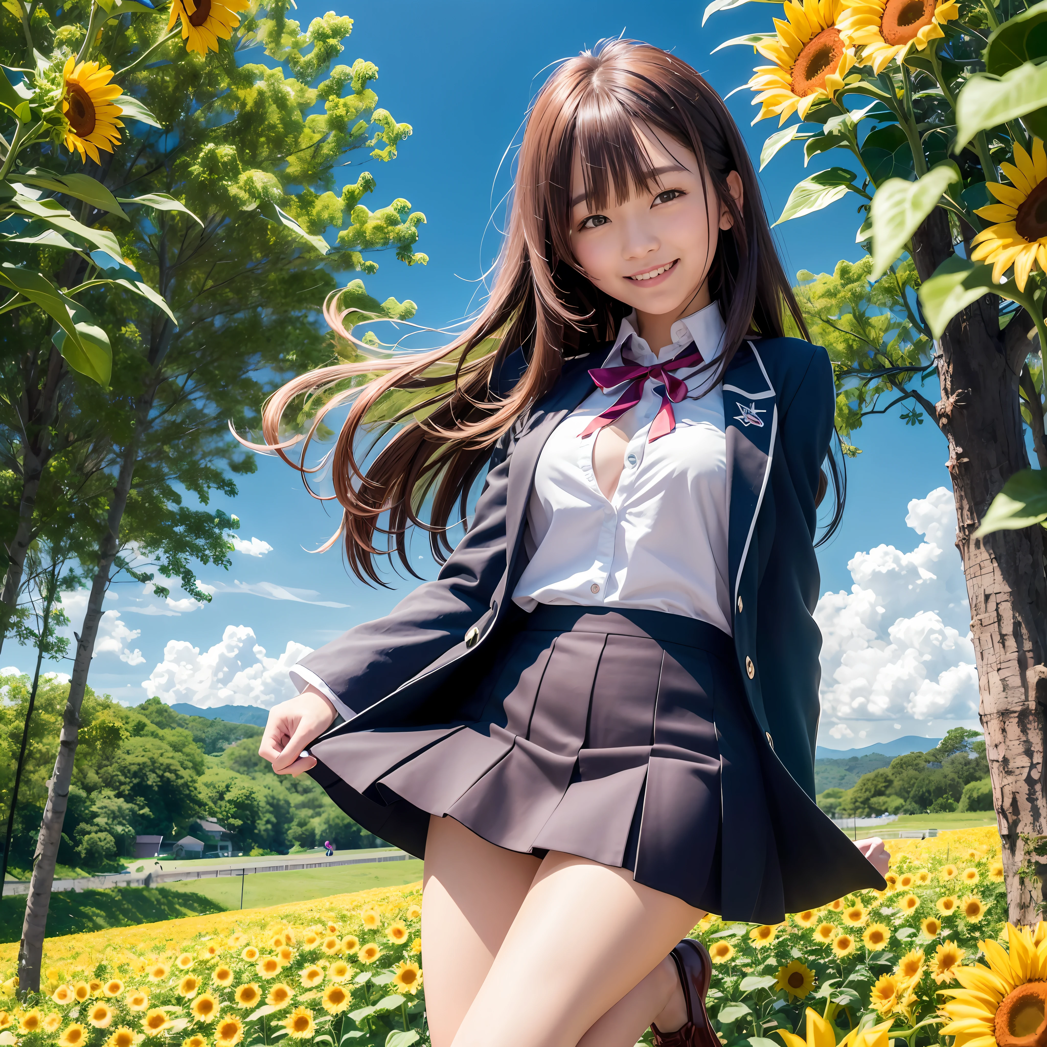 beste-Quality、Young glamorous woman of asian descent、One woman、White shirt、Look here、Smiling、infp young woman、very beautiful women、It looks like it was taken with a SLR camera、Realistic photo-like、Brown-haired woman、Cleavage is seductive、Maste Piece、8K image quality、Delicate photo quality、The whole body is reflected、 uniform、japanese sailor suits、High School School Uniform、Blue summer sky、Sunflower field spreads、Large field、Wide road、open arms、Jumping、Dark blue mini skirt、Bursting smile、Wearing loafers --auto