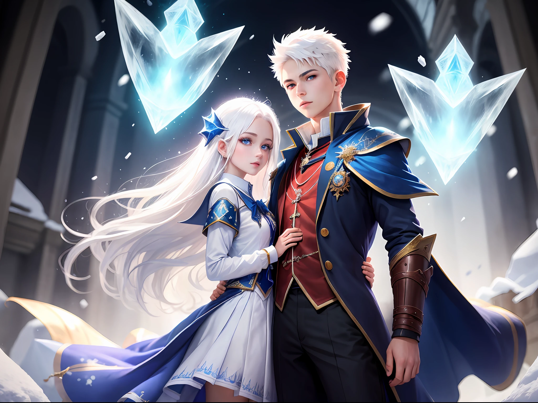 (School uniform:1.2),(Ice Mage:1.3),((1 boy) and (1 girl) standing together),Blue eyes,(White hair:1.2),(Dynamic pose),(creative lighting),(Magical atmosphere),(Fantasy setting), floating snow,nmasterpiece，Wallpapers