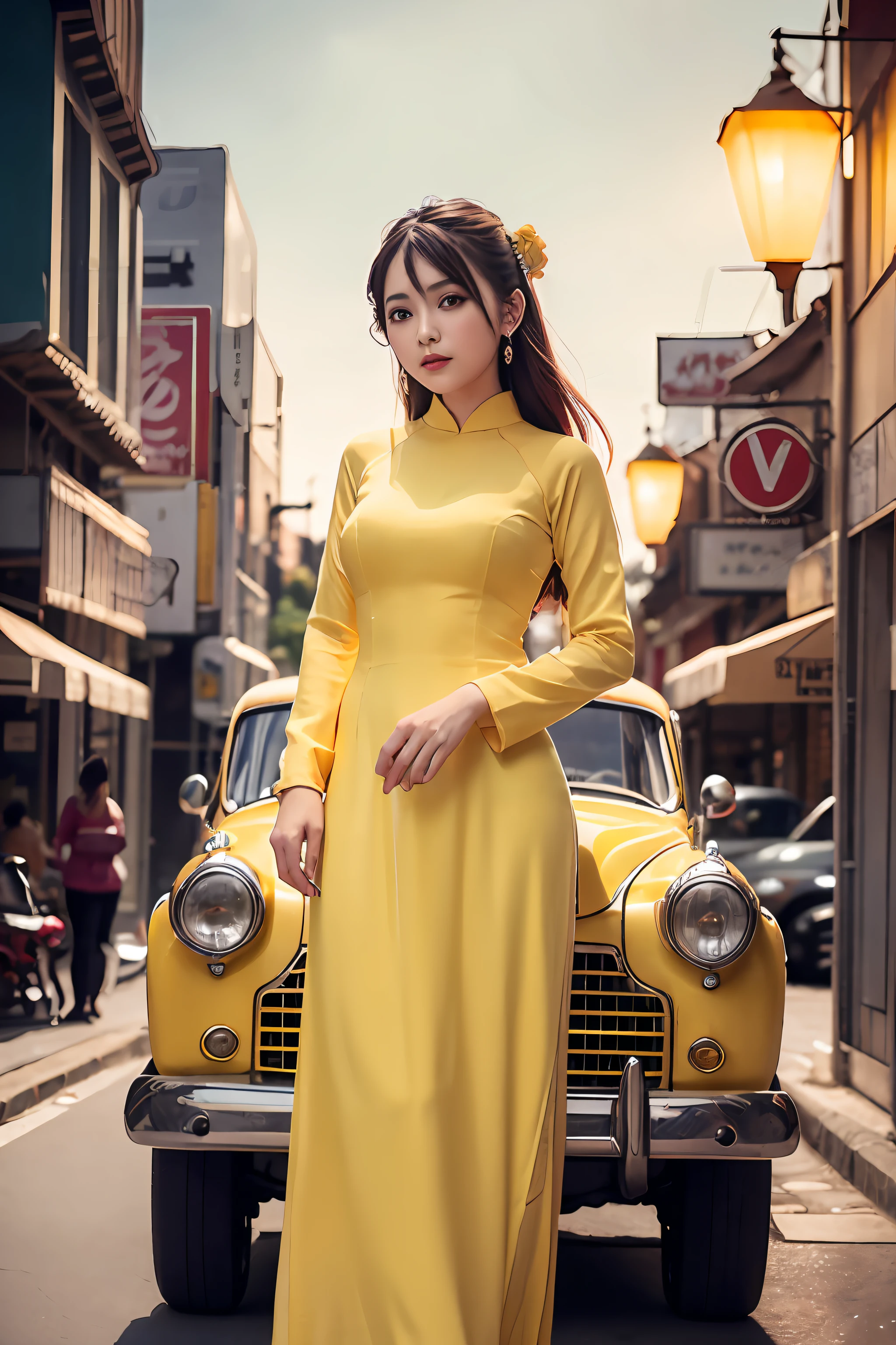 a beautiful girl in yellow colors aodai tradition viet nam, city nigth, masterpiece, best quality, realistic:1.3, street, cyberpunk, sunlight, backlighting, artstation, intricate details, vignette, city night, antique car, Hoi An