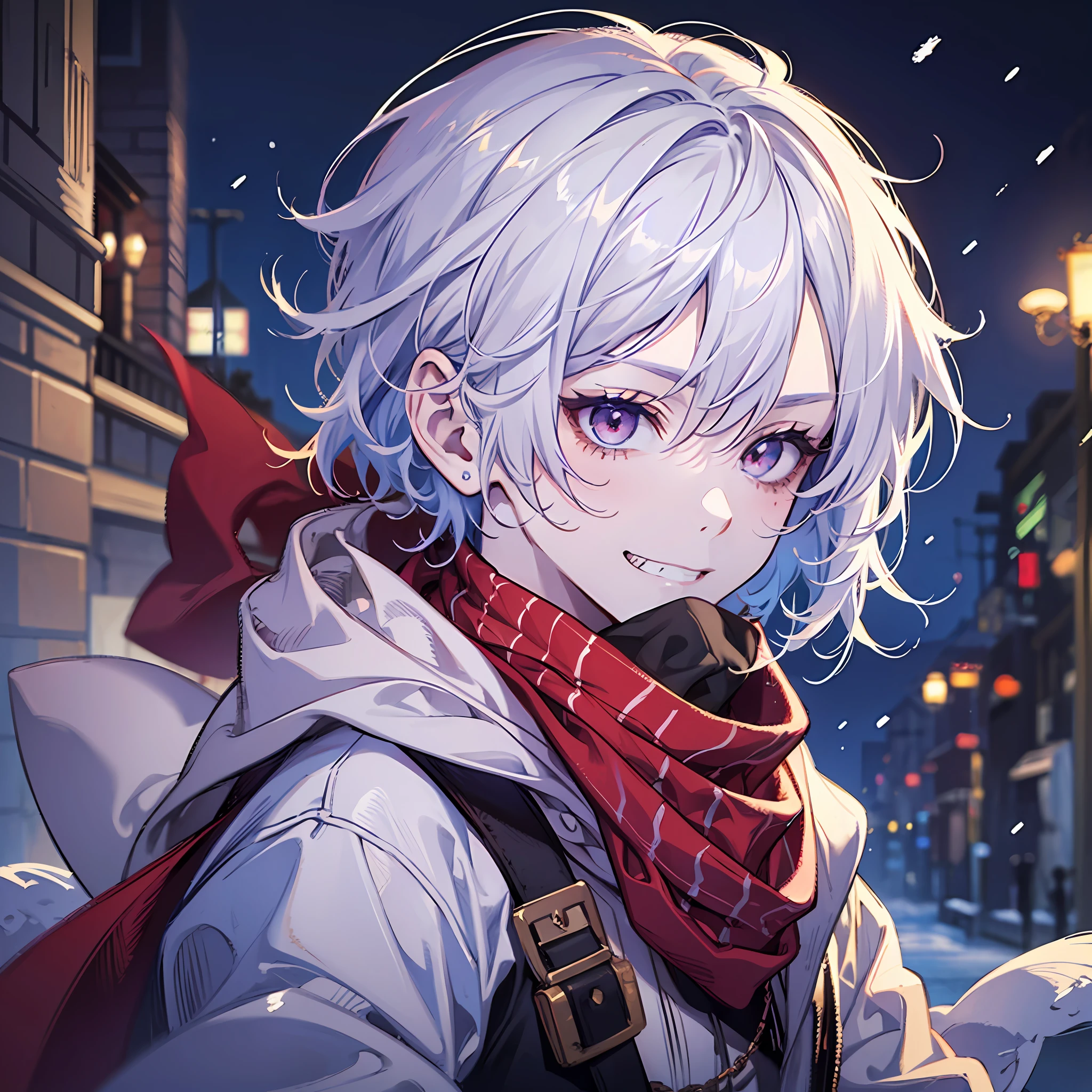 (Masterpiece, best quality:1.2),Anime boy,1boy,white short hair,evil grin,Dust sans,hair covering right eye,looking at the viewer,facing away, wearing a blue open hoodie jacket,wearing a red scarf,red scarf covering mouth,close up shot, digital sketch, highest quality digital art,red and purple eye's,winter,snow,8k
