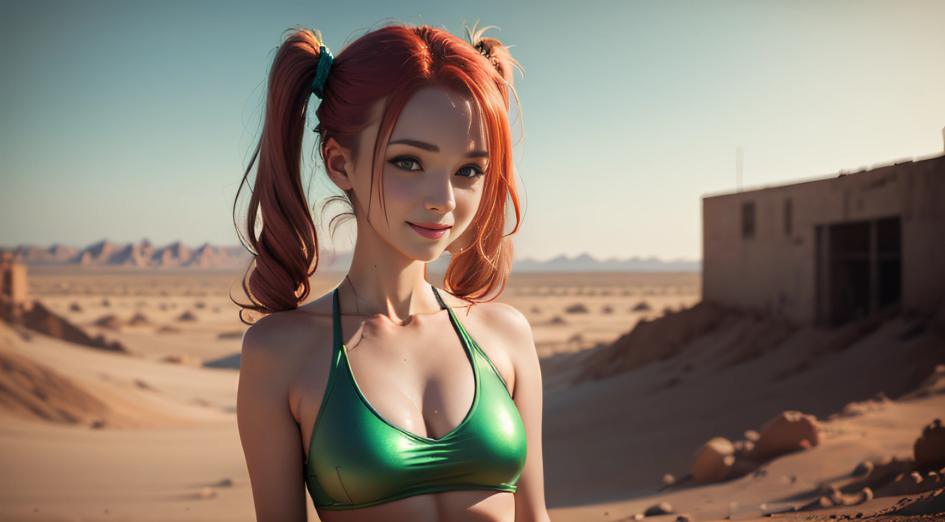 cute redhead woman in twin tails, multiple rainbow colored hair, sky-blue eyes, happy, Ukrainian, ite, pale skin, wearing a green metallic color bikini, post apocalyptic background, bleak barren desert, photo realistic woman. --auto