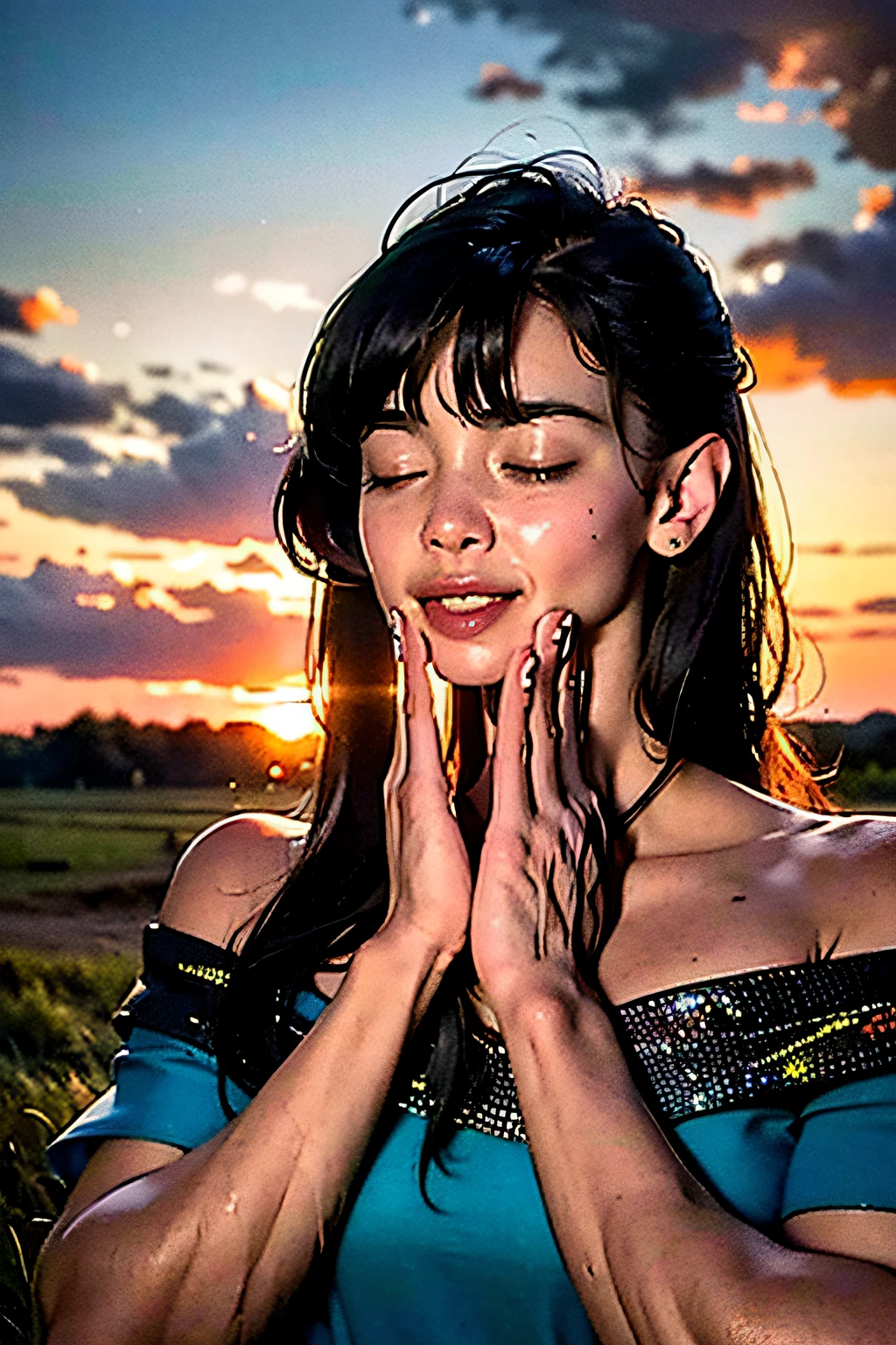 Best quality, masterpiece, ultra high res, raw photo, beautiful and aesthetic,deep shadow, dark theme,(photorealistic:1.4),
(1girl, long hair, FeelsGood, closed eyes, ((hands on both cheeks)), (wind blowing hair, black hair with bangs), print shirt, small face, off shoulders), slim body, fit, cowboyshot,
(background grassland, sunset)