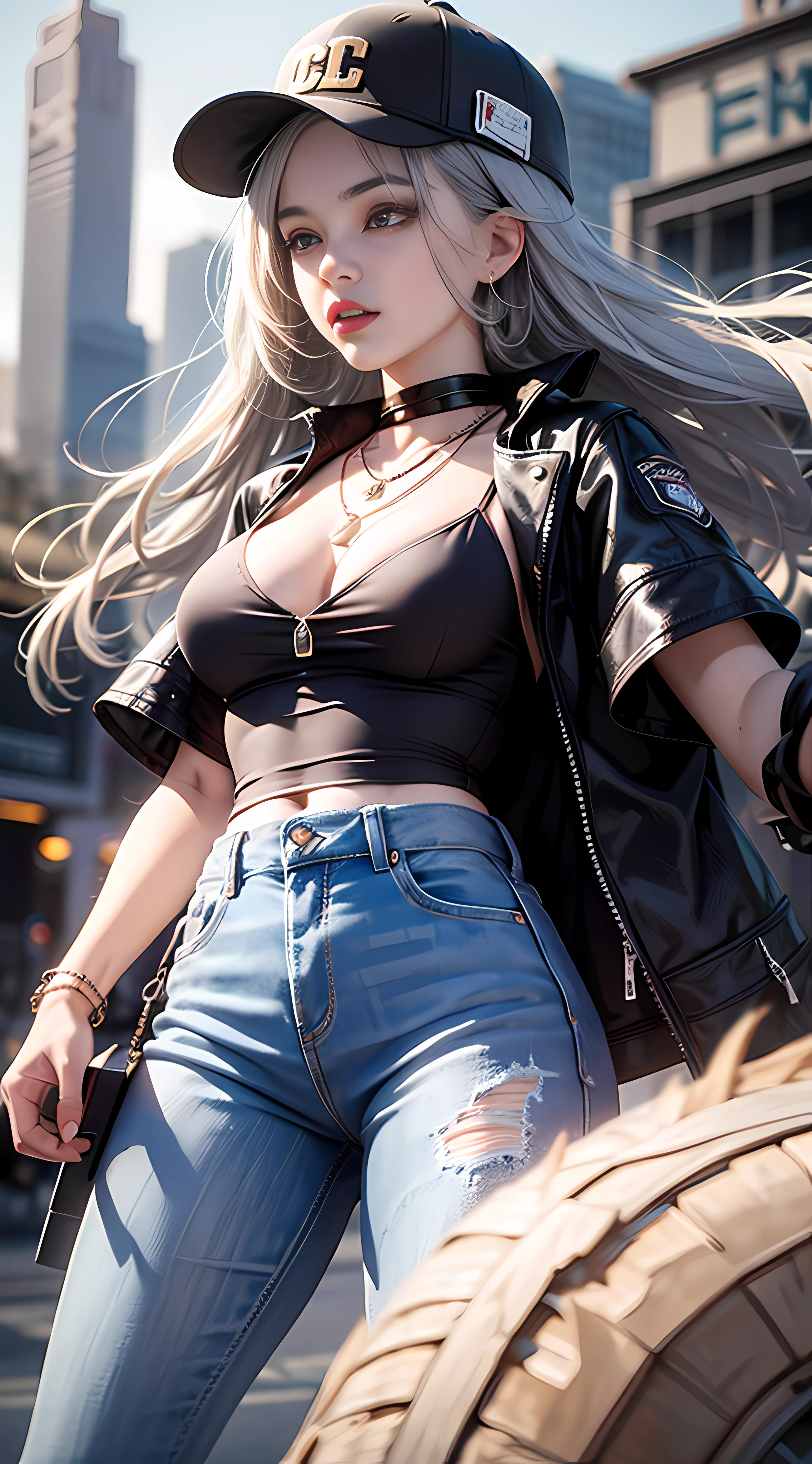 Ultra high quality,8K,Girls do not show their breasts,High cold wind,mouth mask,red lip,The head proportions are perfect,silverlong hair,With baseball cap,Letter T-shirt,Denim pants,Swan neck,brimming with sunshine,necklace of diamonds,The body is well-proportioned,The clothes are brightly colored,High saturation,High detail depiction,