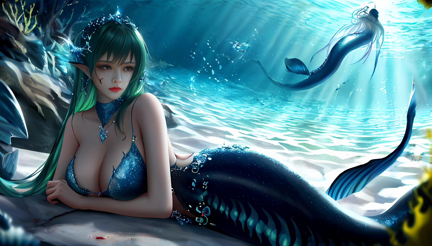 8K，Exquisite，masterpaintings，High detail，Semi-realistic，1个Giant Breast Girl，（mermaids：2）（fish scales：1.8），（Cinematic CGI，Professional Quality，8K分辨率，high-definition，wide wide shot，Lighting style：Cellar lighting，len Brown，super detailed and realistic）The scene depicts an aesthetic underwater environment，Mainly Cthulhu-style beauties lying on the reef。Her dark green hair turned into the tentacles of jellyfish，A ray of sunlight shines on her face with a combination of the Tyndall effect and diffuse reflection。The camera focuses on the girl's facial features。a backdrop of：Scattered around are perfectly shaped mermaids，Huge sea serpents and deep-sea fishmen loom in the distance。Chaotic seaweed，Blood rose from the bottom of the sea。