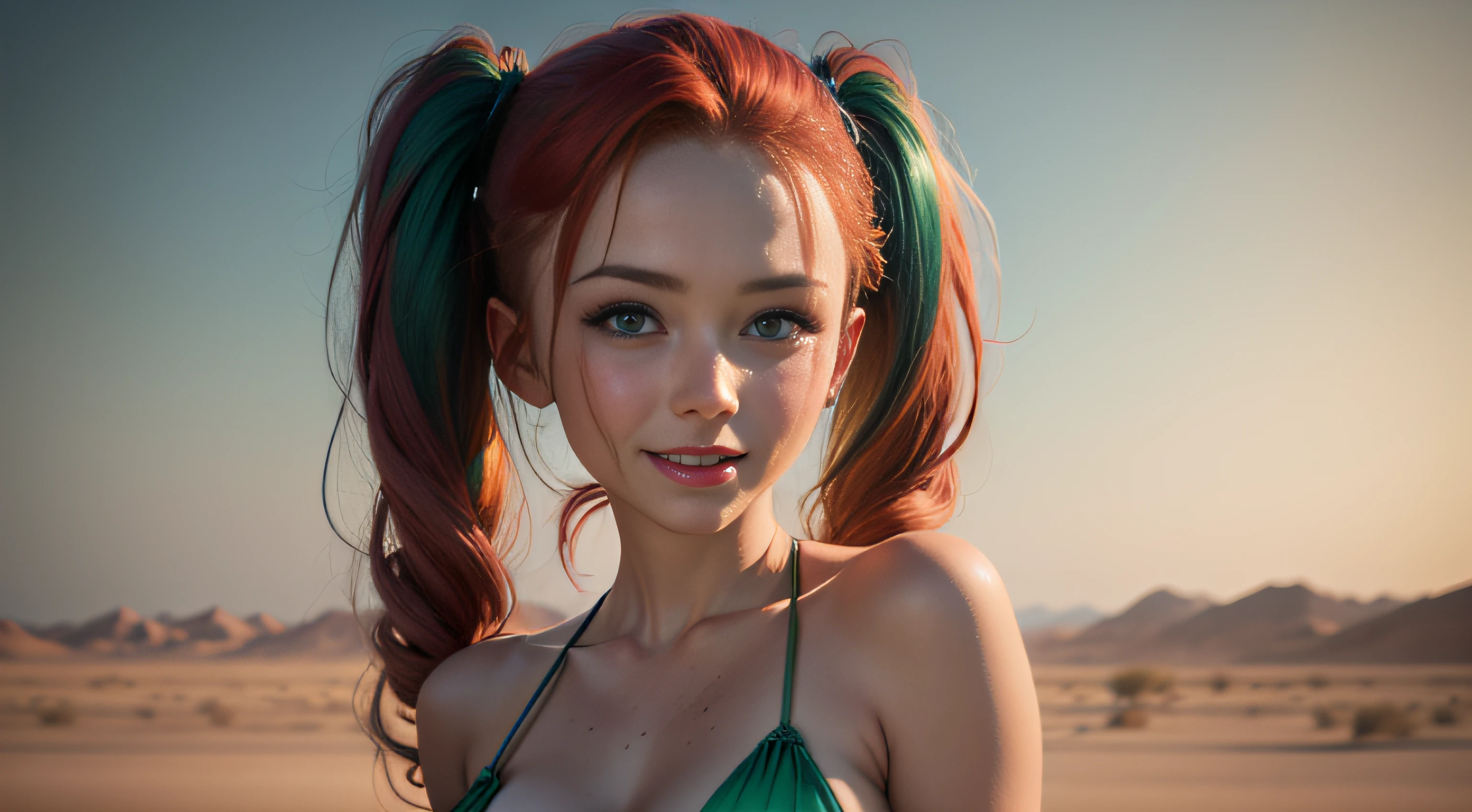 cute redhead woman in twin tails, multiple rainbow colored hair, sky-blue eyes, happy, Ukrainian, petite, pale skin, wearing a green metallic color bikini, post apocalyptic background, bleak barren desert, photo realistic woman. --auto
