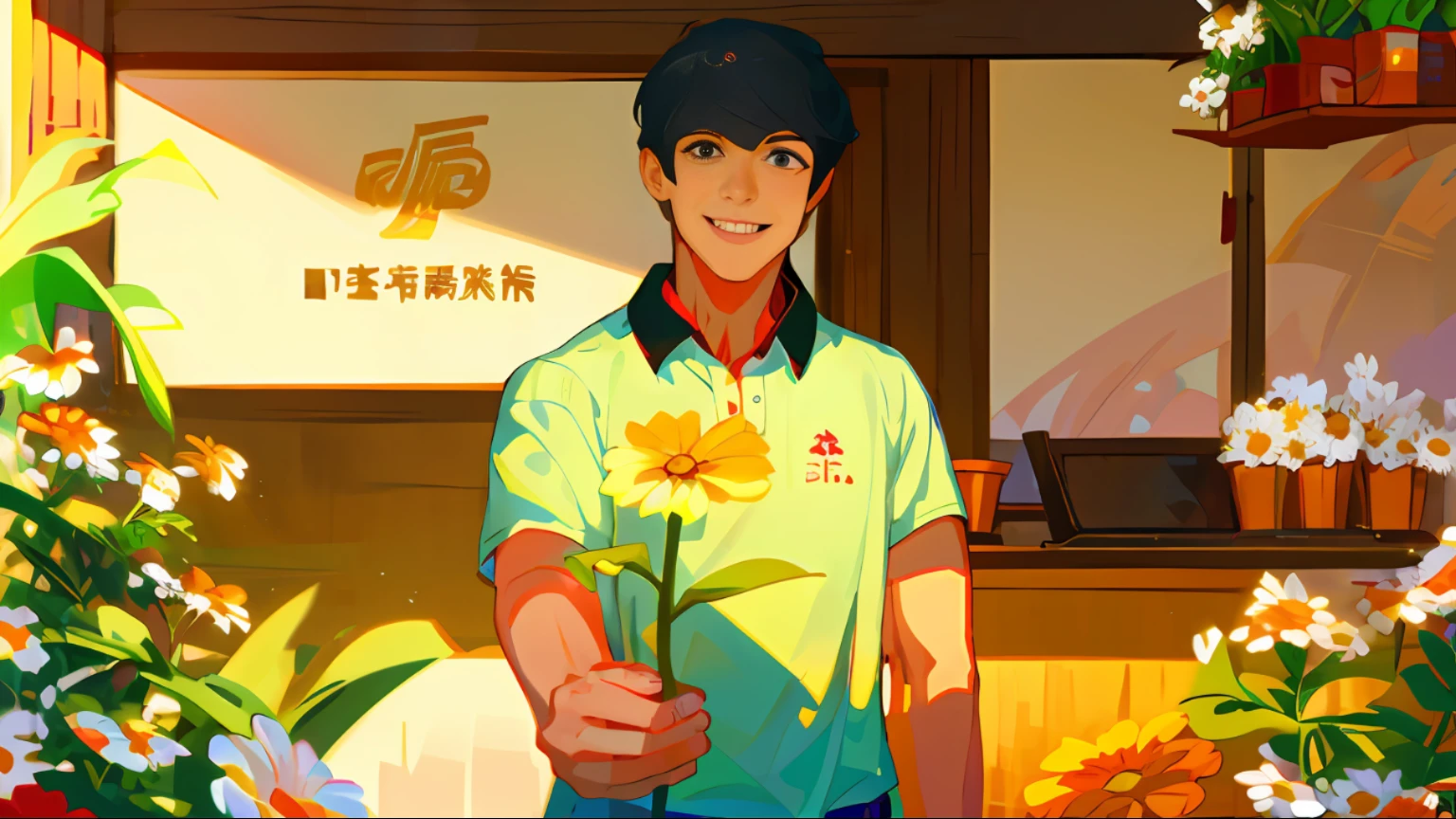 male people，oriental face，Black frame，black color hair，White polo shirt，Red daisy in hand, kanji，Smile with，Sun'rays，Lots of flowers，High-precision illustration