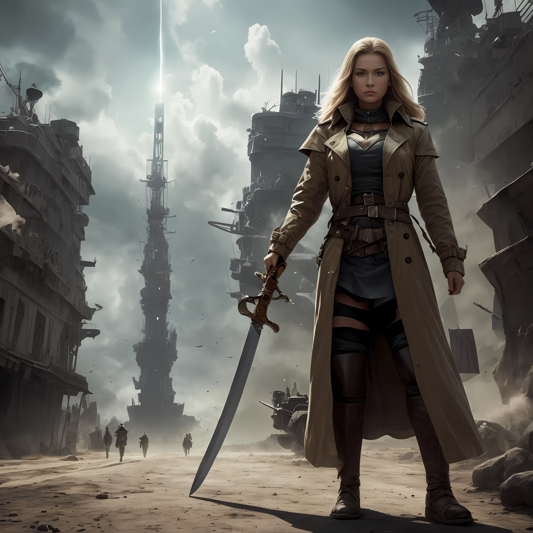 A very sassy female warrior wearing a trench coat and holding a long sword, The trench coat flutters in the wind, standing in the streets, Surrounding electric flint, The female warrior's eyes were resolute, The face is resolute, Vowing to the death to defend humanity's last homeland and aliens to die for their lives, Cinematic texture, raytrace, The sky is an alien battleship, The female warrior's teammate fell into the distance, A flag stands tall and says not to give up a piece of land --auto