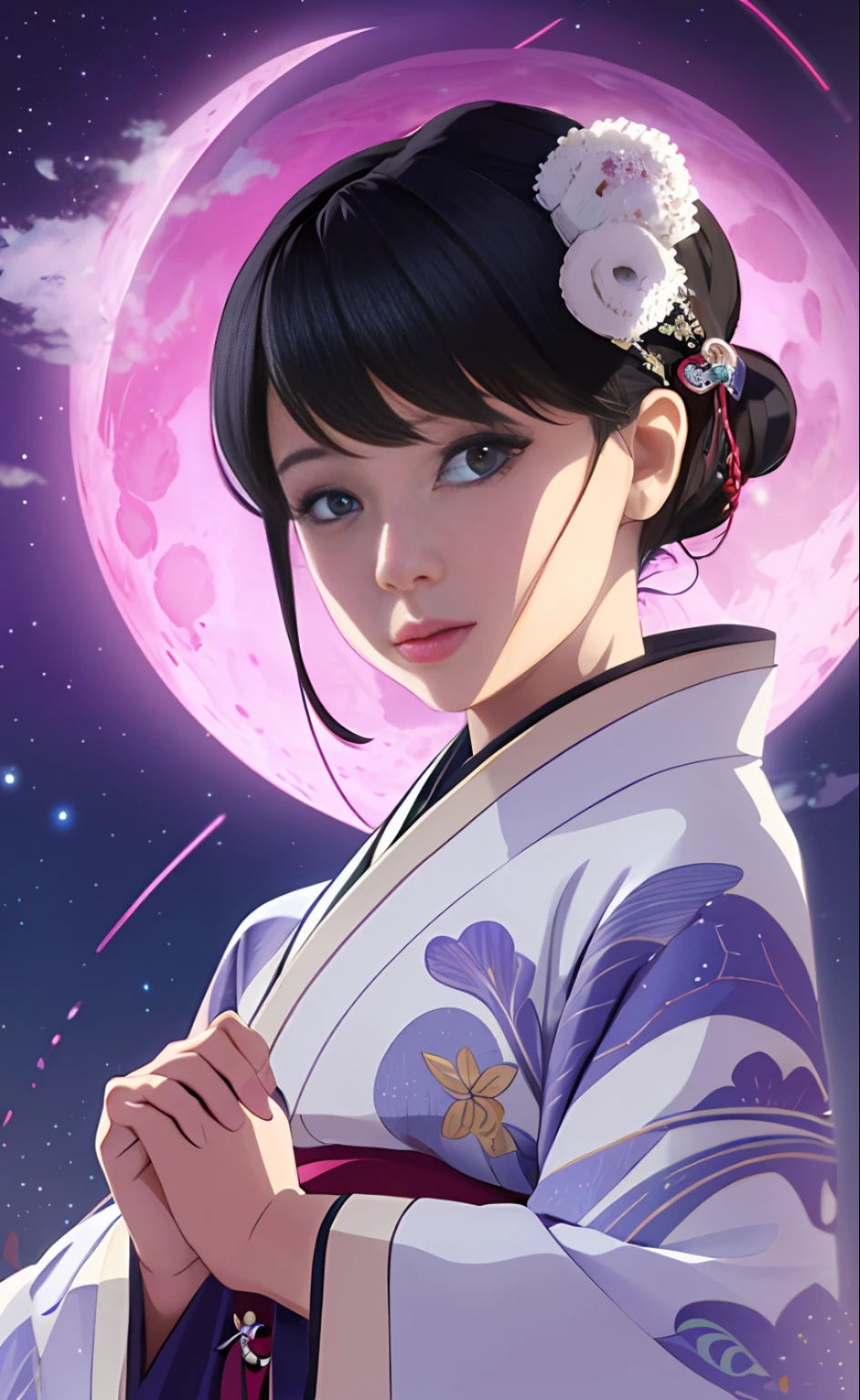 Mature Girl、black hair、Delicate and smart eyes、purple and white kimono、Simple accessories、astrologer、FOV、F1.8、A masterpice、Moon Night、Frontal portrait shot、Chang'e、Looking here、Facing forward
