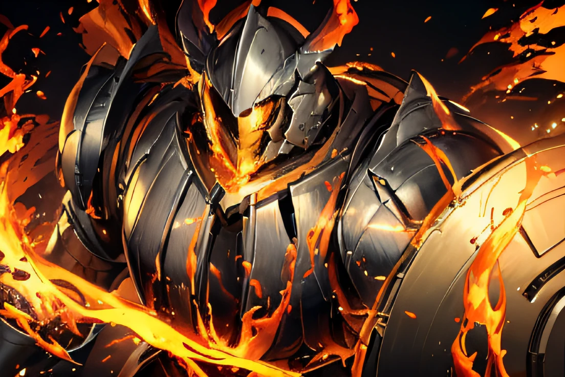 A giant covered in fire and in armor holding a huge shield,