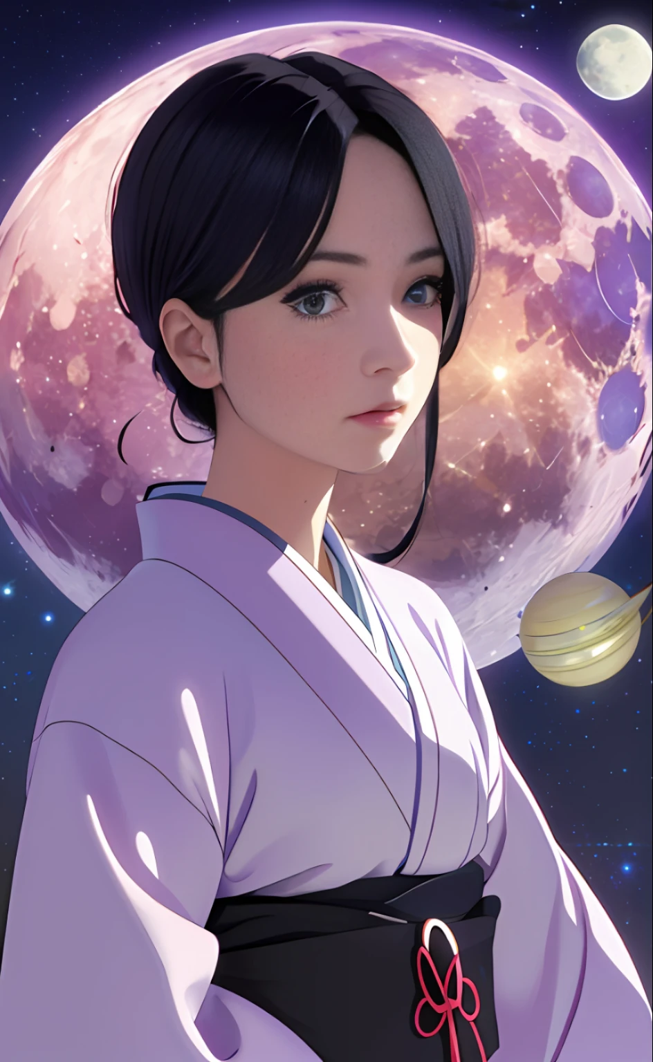 Mature Girl、black hair、Delicate and smart eyes、purple and white kimono、Simple accessories、astrologer、FOV、F1.8、A masterpice、Moon Night、Frontal portrait shot、Chang'e、Looking here、Facing forward