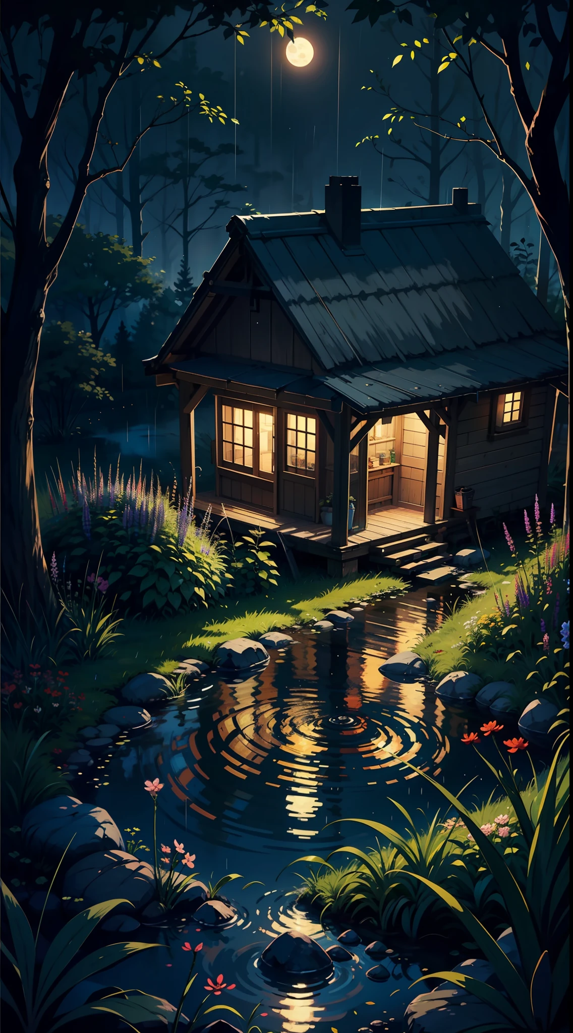 Best quality,16K Ultra Clear,夜晚,glowworm,yard,Rainy sky,water well,bucket,Pond in the yard,Many trees,Many small grasses bloom with small flowers,water puddle,sludgy,green leaf,Bluestone bricks,Small grass grows between the seams,insects,Back Shadow,wooden cabin,littlegirl,Tuuli,Water,thin fog,misterious,extremy detailed,Ultra-detailded,painting of a,light and darkcontrast,Perfectcomposition,