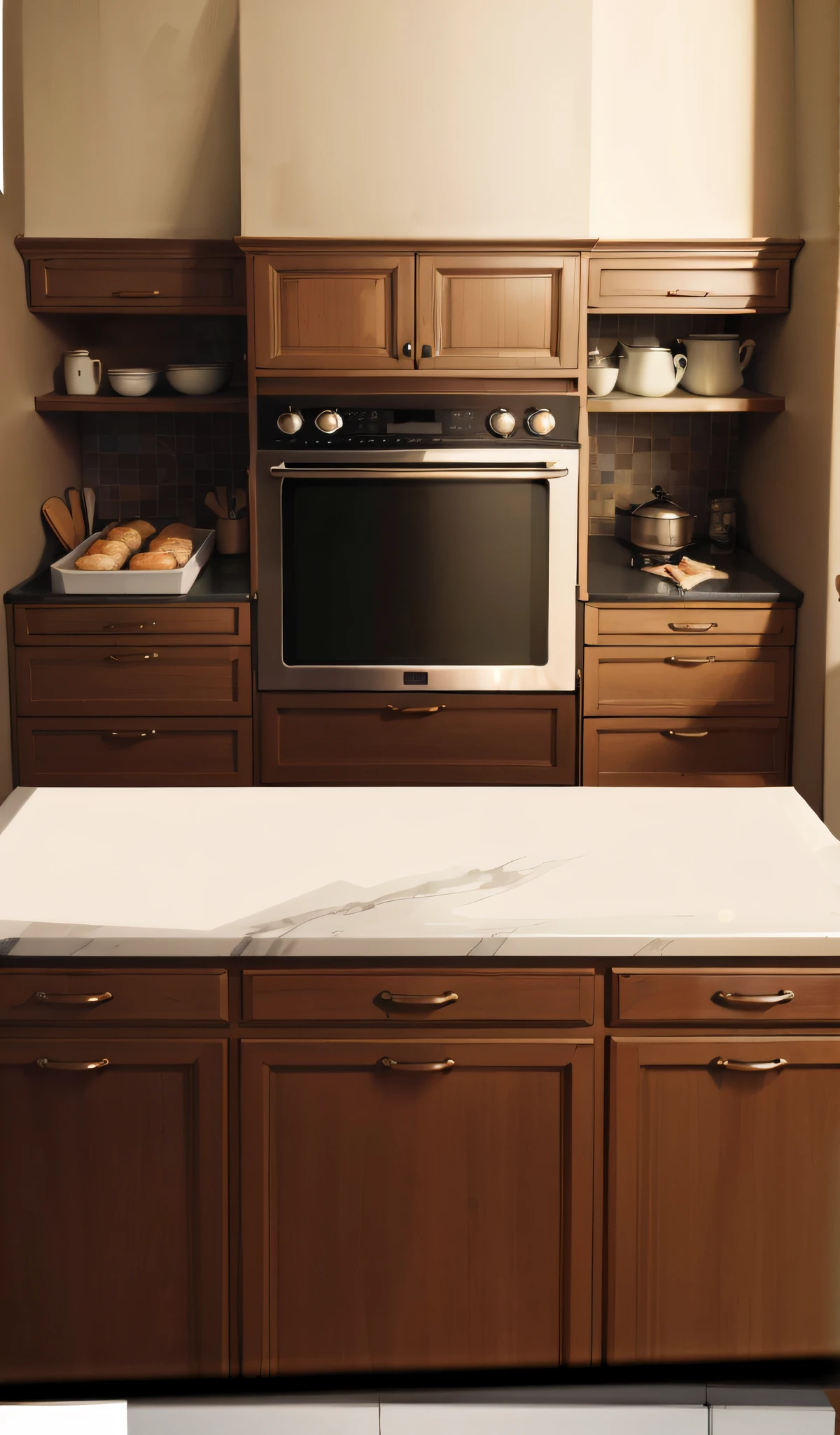 The kitchen with wooden cabinets is equipped with an oven。, kitchen counter, artistic pose, marble countertops, old kitchen backdrop angled view, scenic full shot, glossy surface, polished white marble, exquisite marble details, rectangle white porcelain table, a wide full shot, natural wood top, 3/4 view, 3 / 4 view, detailed wide shot， sleek streamlined design, an award winning masterpiece, exquisitedetails, Soft natural light, Bottom angle, close establishing shot, unbeatable quality, hyperrealistic”, ultra realistic”, detailed wide shot, exquisite fine details, Incredible quality, immaculately detailed, true realistic image, professional unique masterpiece, subtle detailing，