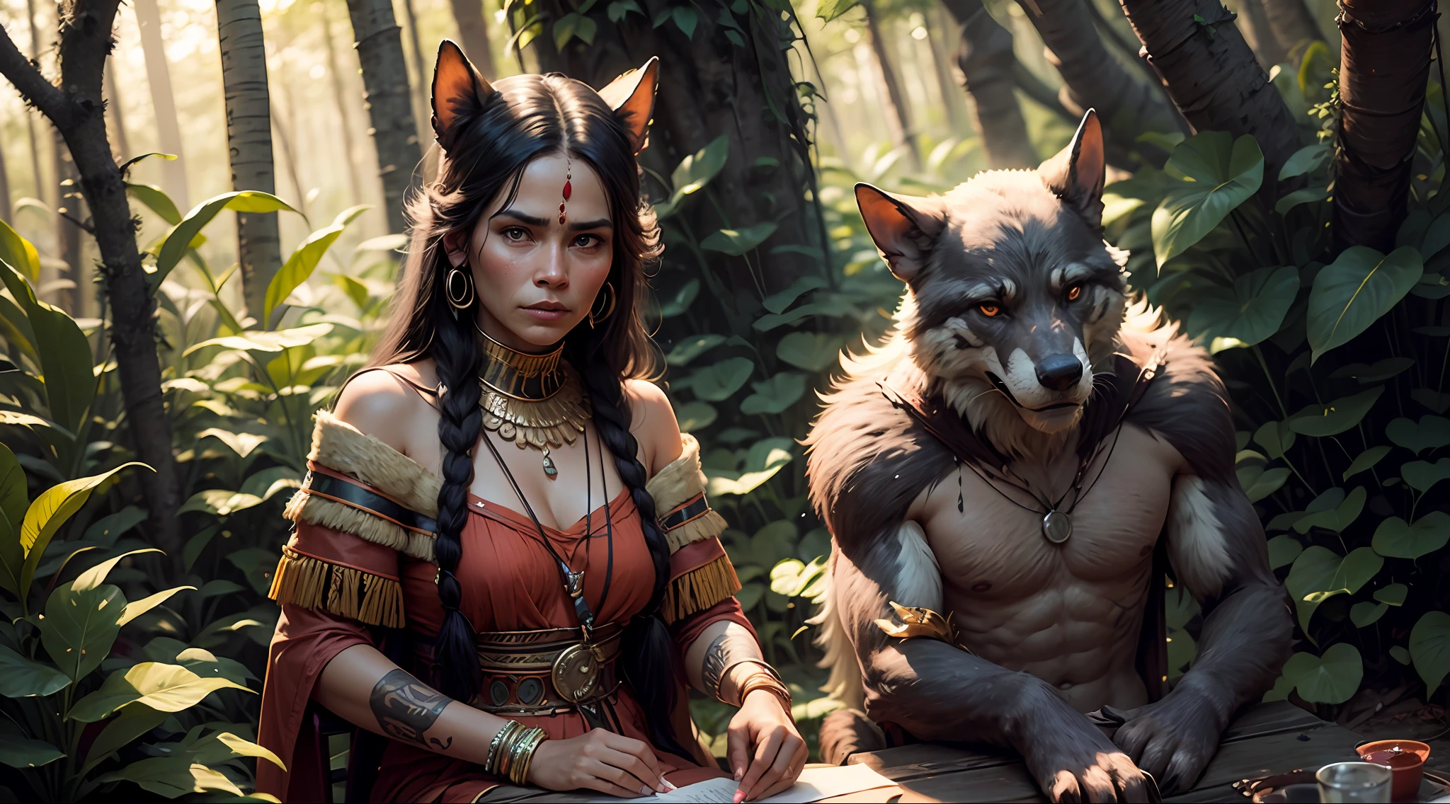 fking_scifi_v2, amazon forest, Indians, werewolf in indigenous costumes, late eighteenth century, realism, photo realism, 8k, 80mm, f/1.8 --auto
