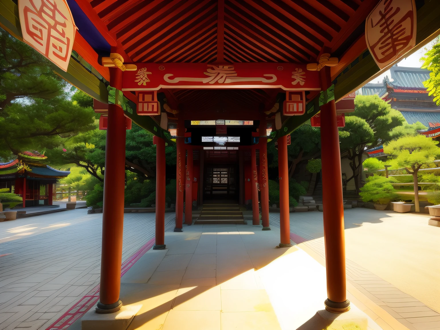 There is a long covered walkway，There is a car parked in the background, walkway, courtyard walkway, adorned pillars, from inside a temple, centered torii gate, Ancient Chinese architecture, Chinese architecture, Chinese style buildings, colonnade, in a narrow chinese alley, pillars, long hall way, Taoist temples and monks, pillars and arches, chinese temple, tibetan inspired architecture --auto