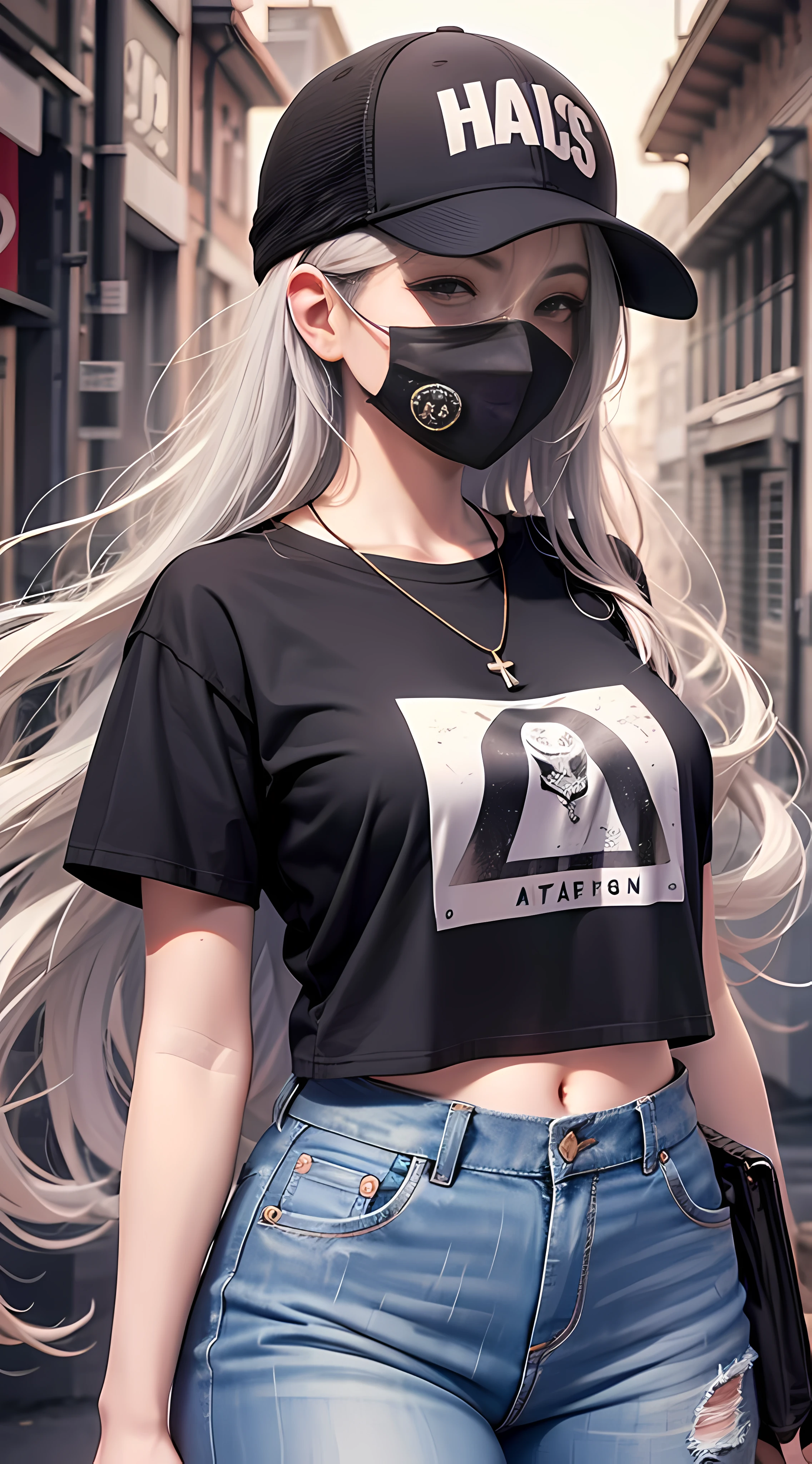 Ultra high quality,8K,Girls do not show their breasts,High cold wind,mouth mask,red lip,The head proportions are perfect,silverlong hair,With baseball cap,Letter T-shirt,Denim pants,Swan neck,brimming with sunshine,necklace of diamonds,The body is well-proportioned,The color of the clothing is bright, high saturation and,High detail depiction,