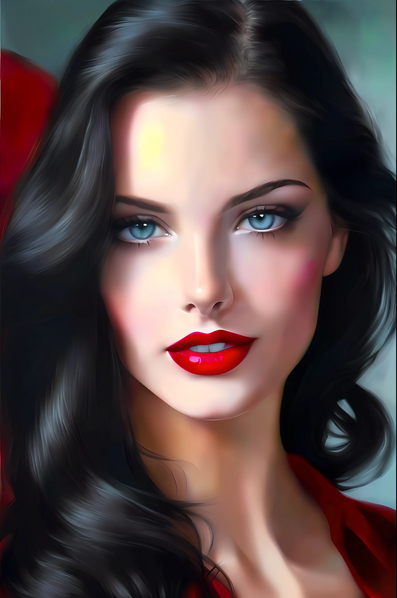 pintura de uma mulher com cabelo preto longo e batom vermelho, pintura digital brilhante, pintura digital sensual, lindo pintura digital, detailed face with red lips, pintura digital realista, pintura digital elegante, pintura digital impressionante, airbrush digital oil painting, retrato de arte digital, rosto bonito realista, retrato de fantasia digital, rosto bonito fotorrealista, pintura digital fotorrealista, retrato digital