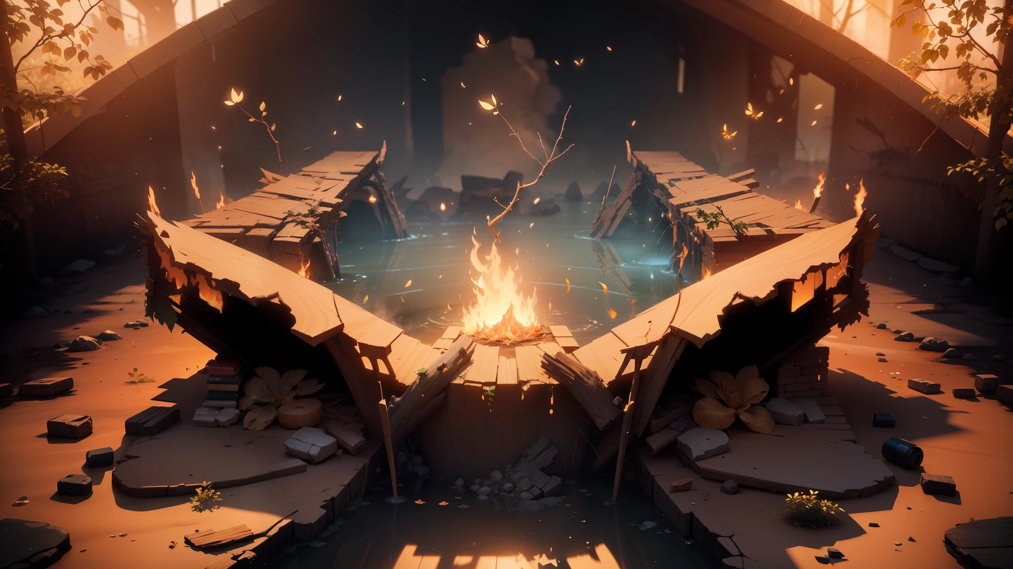 A masterpiece, the best quality, stunning reflections, the best reflections ever. (very detailed CG unity 8k wallpapers), (best quality), (best illustrations), (best shadows), war theme with fire elements. broken ruin, crack with fire fireflies and glowing particle effects, (natural elements), (leaves), (twigs), (fireflies), (delicate leaves), (glow), (particle effects). , Isometric 3D, Octane Rendering, Ray Traced, Super Detailed --auto