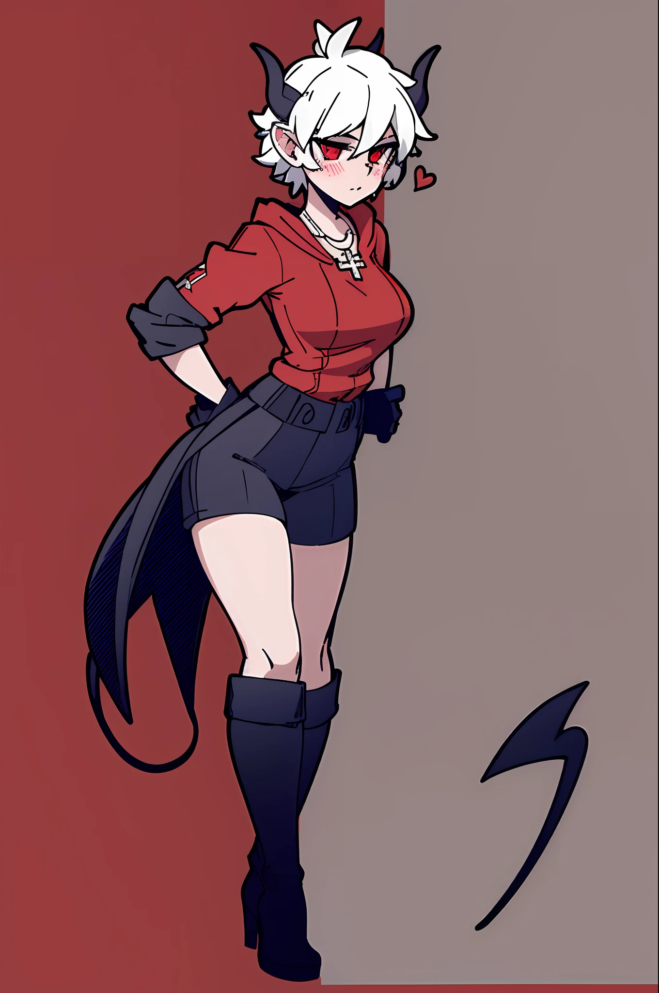 1girl, solo, short sleeve hoodie, black fingerless gloves, breasts, arms at sides, wide hips, blush, blushing, thick thighs, night, cross necklace, thigh high boots, tall leather boots, heart eyes, full body shot, horns on head, demon tail, black white and red outfit, suit, red black and white background colors, short suit pants, white hair, tomboy, tall, hands on hips, short hair,