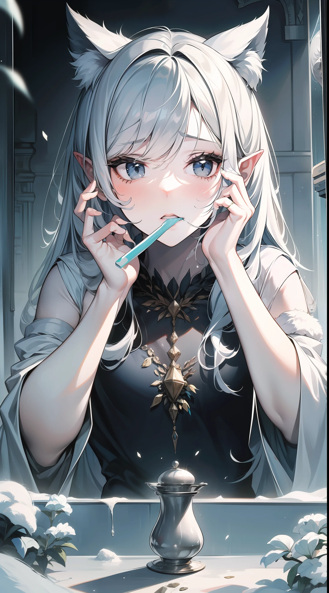in the early morning,A girl looks in the mirror,Brushing your teeth,Hurriedly covered his ears,((A panicked expression)),Snow-white ears,Silver-gray ears,fluffy ears