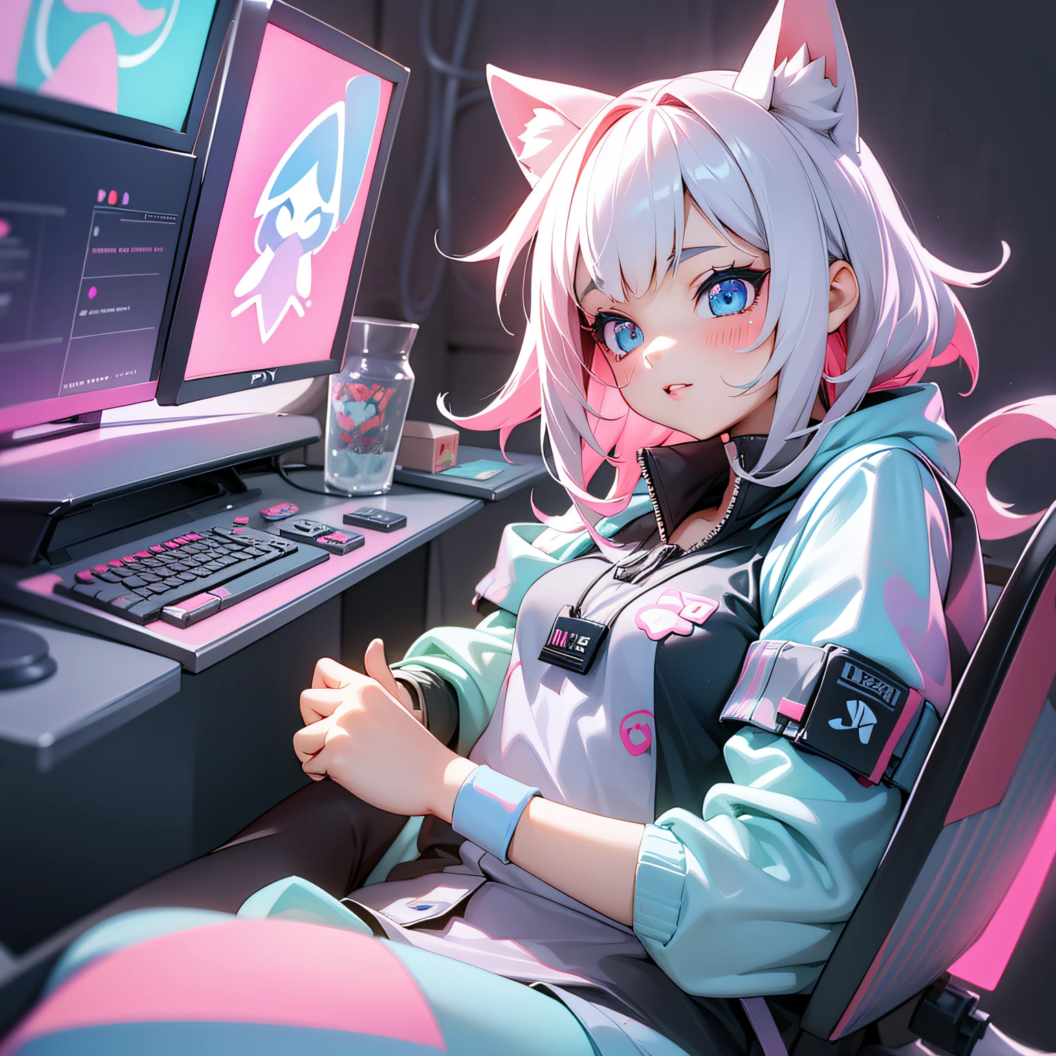 kawaiitech,Pastel color, kawaii, niedliche Farben ,sci-fy, pink, Computer showmanship , scroll, 1girl huge large breasts ,Long hair, Pale skin,White hair, Glowing eyes, Smile ,Closed mouth,Bob cut,