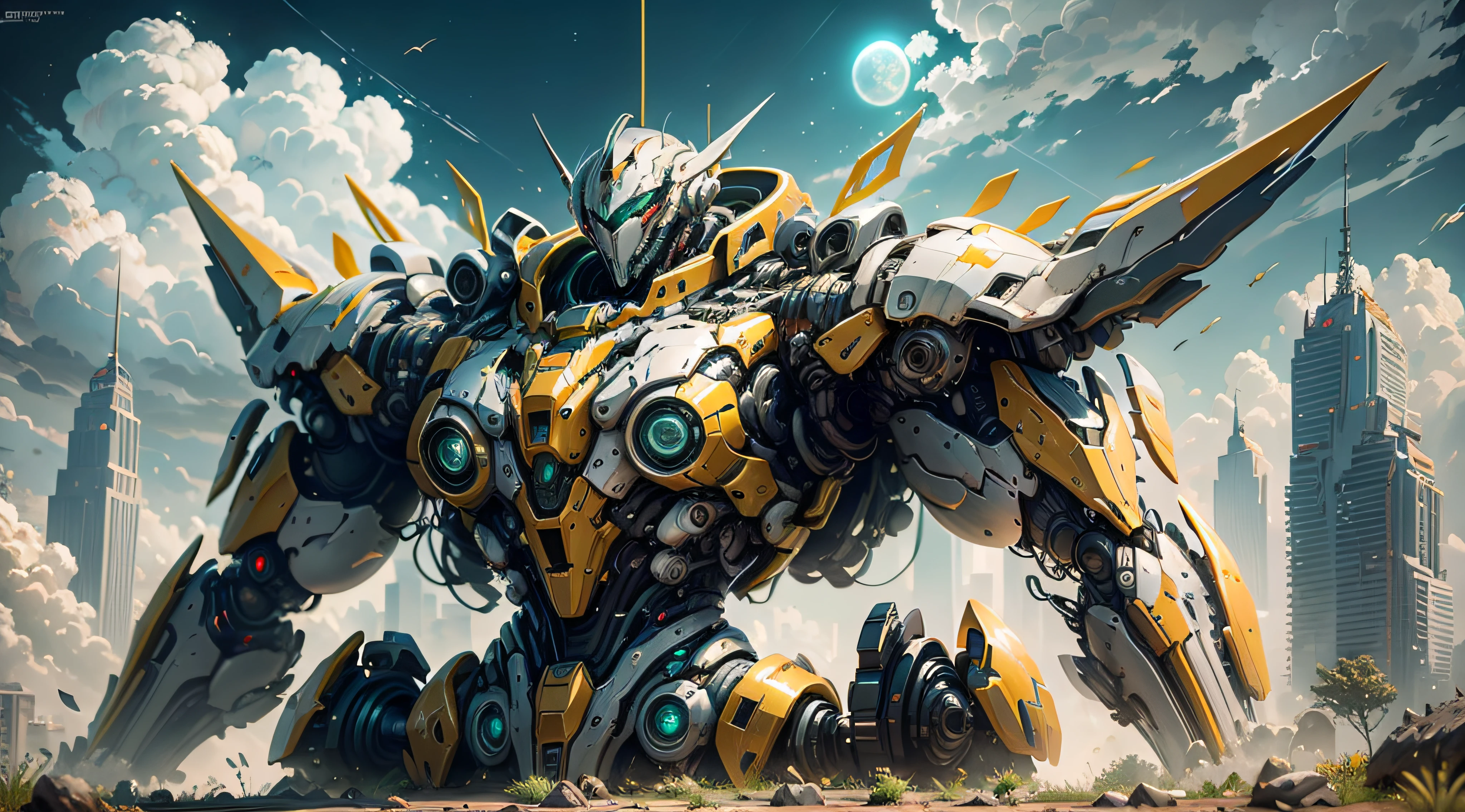 Marine space, Martelo 40,000, mundo em guerra, linda mulher cyberpunk com armadura mecha master chef halo muito detalhado, Mecha Warframe, cores vibrantes, vermelho, Branco, azul, verde, metallic yellow, enferrujada, Usado, sujo de sangue, with sky with clouds and full moon and battleships, corpo inteiro com armadura detalhada, campo de batalha sangrento, apocalyptic world, alien ruins,