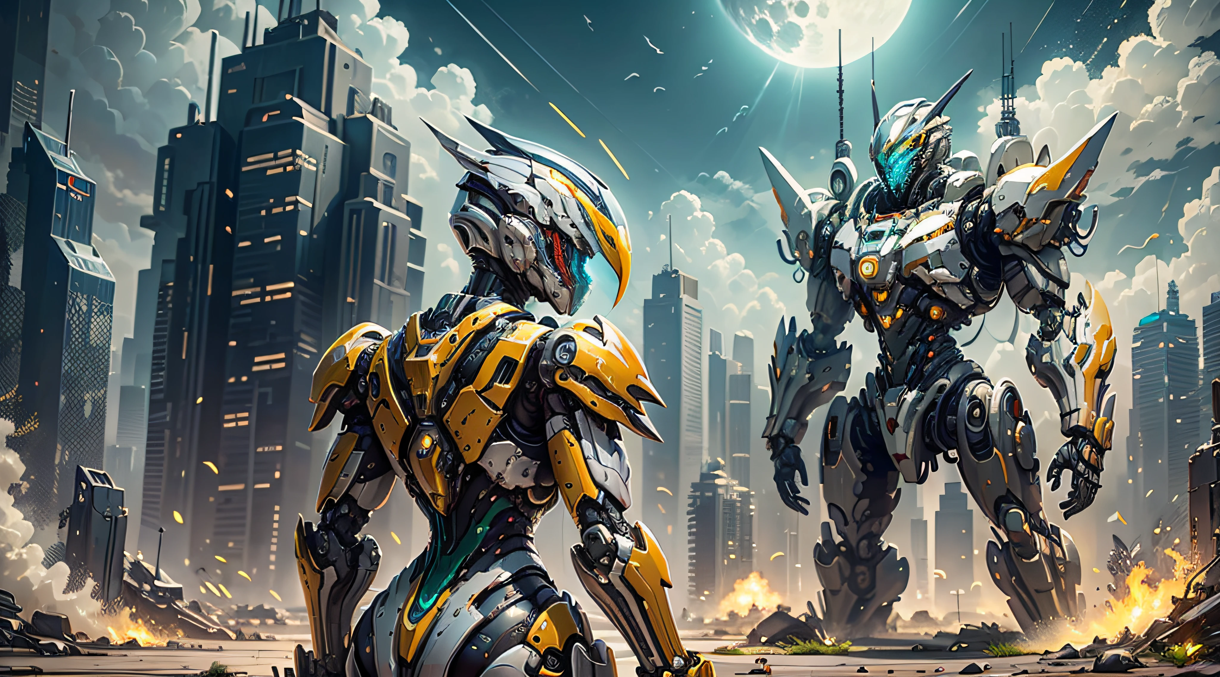 Marine space, Martelo 40,000, mundo em guerra, linda mulher cyberpunk com armadura mecha master chef halo muito detalhado, Mecha Warframe, cores vibrantes, vermelho, Branco, azul, verde, metallic yellow, enferrujada, Usado, sujo de sangue, with sky with clouds and full moon and battleships, corpo inteiro com armadura detalhada, campo de batalha sangrento, apocalyptic world, alien ruins,