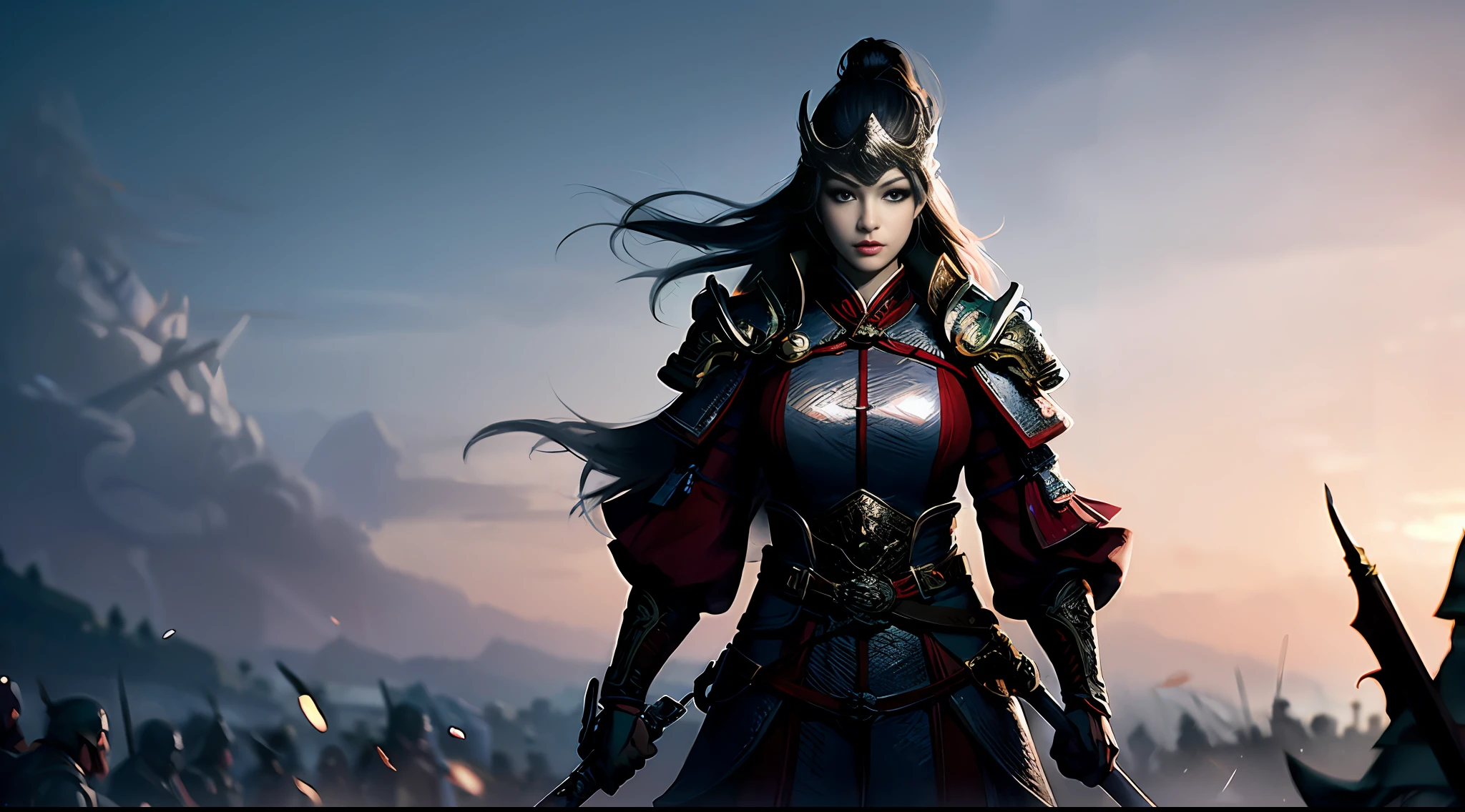 1woman，The face is delicate，Gray pupils，shelmet，Ancient Chinese Battlefield，Ancient battlefield fighting background，Hold a delicate sword in hand(The sword is in sight)，Hand detail，Kill to impress the scene，Outrage，Tuuli，smoke of gunpowder，motion-blur,half-body，Holographic Display，Bright overall，masterpaintings，最佳质量，32K