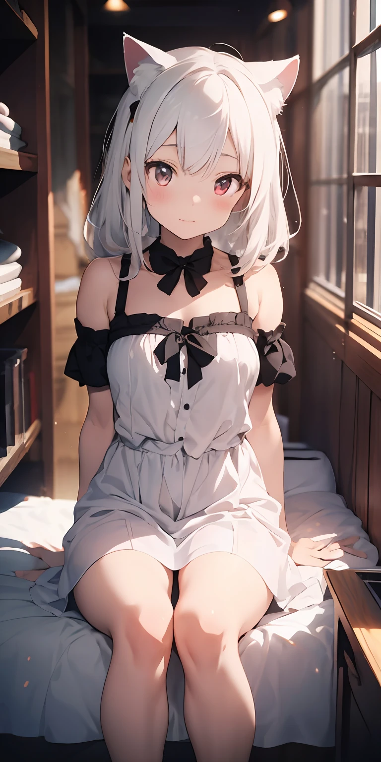 Anime girl with white hair and cat ears, ruby eyes, shy, blush, medium breast, bare legs, dress, high contrast, soft light, master piece, extraordinary nice