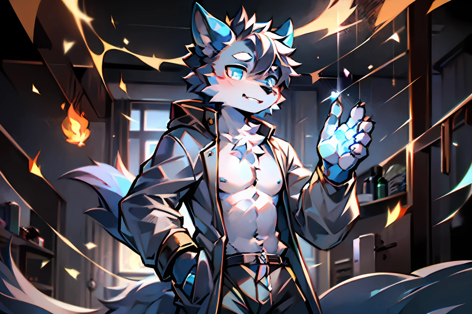eyes with brightness, the panorama, Character focus ，Full body like，Side Body，独奏,solo person， shaggy, Correct human anatomy。Furry male wolf（Dragon and wolf combined）, Male blue-white skin, The eyes are blue，（A pair of dragon wings）, Gray hair(The long），There is a pair on the forehead（small nipple）Blue horn fluorescence，In the lab，Inside a transparent cell，Get up from the bed，astonishment，Look into the palm of your hand，Take control of the magic，Flames floating around，Control the ice，Gray shorts，trench coats，Young style，Height one meter seven，Handsome， There is a wolf tail，high-definition，8K，1440*2048
