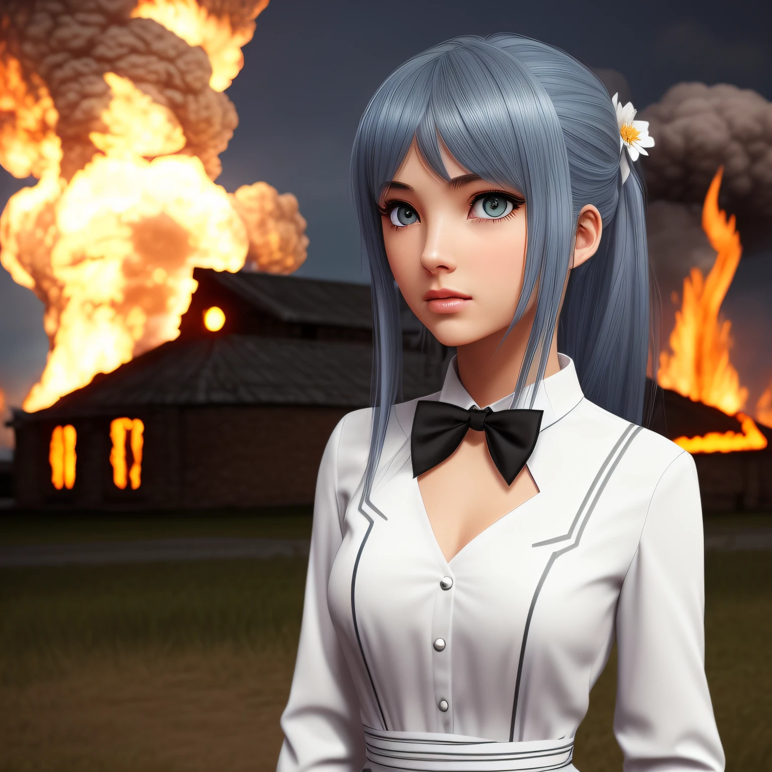 masterpiece, exquisite, illustration, {beautiful and meticulous girl}, beautiful and detailed halo, (fire of war: 1.2), (nuclear explosion behind: 1.3), rain, detailed lighting, detail water, (beautiful and detailed eyes: 1.1), expressionless, palace, sky blue hair, scattered hair, long bangs, eyebrows, (white-gray dress: 1.1), black ribbon, white bow tie, upper abdomen, big forehead, dull, flower, long sleeves --auto