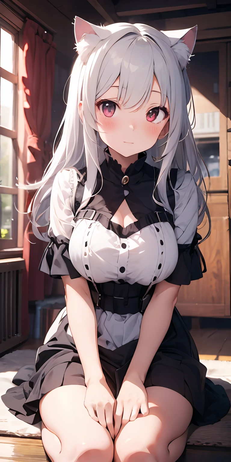 Anime girl with white hair and cat ears, ruby eyes, shy, blush, medium breast, bare legs, dress, high contrast, soft light, master piece, extraordinary nice