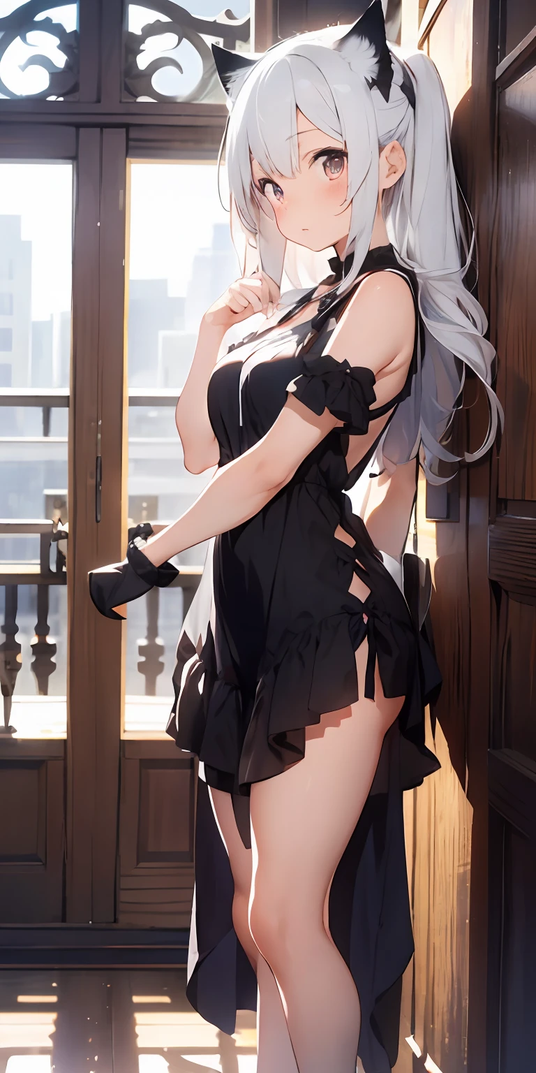 Anime girl with white hair and cat ears, ruby eyes, shy, blush, medium breast, bare legs, shoulders, dress, side view, high contrast, soft light, master piece, extraordinary nice